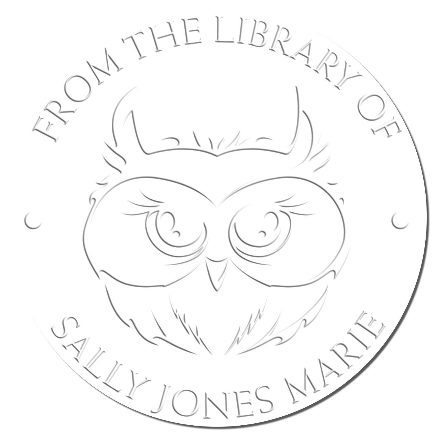 White embossed round library stamp seal with owl emblem and gray text reading From the Library of Sally Jones Marie