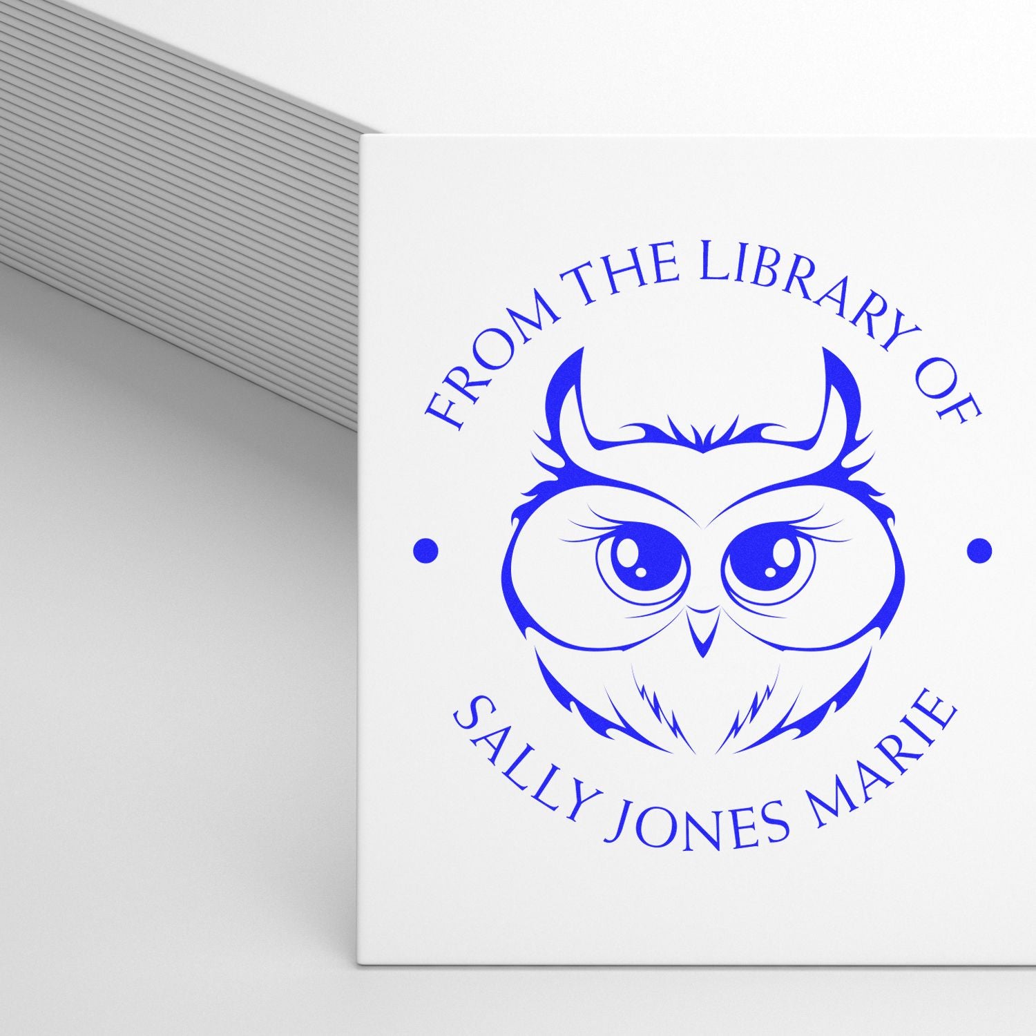 Blue owl custom library stamp and seal on white card, personalized with From the Library of Sally Jones Marie text.