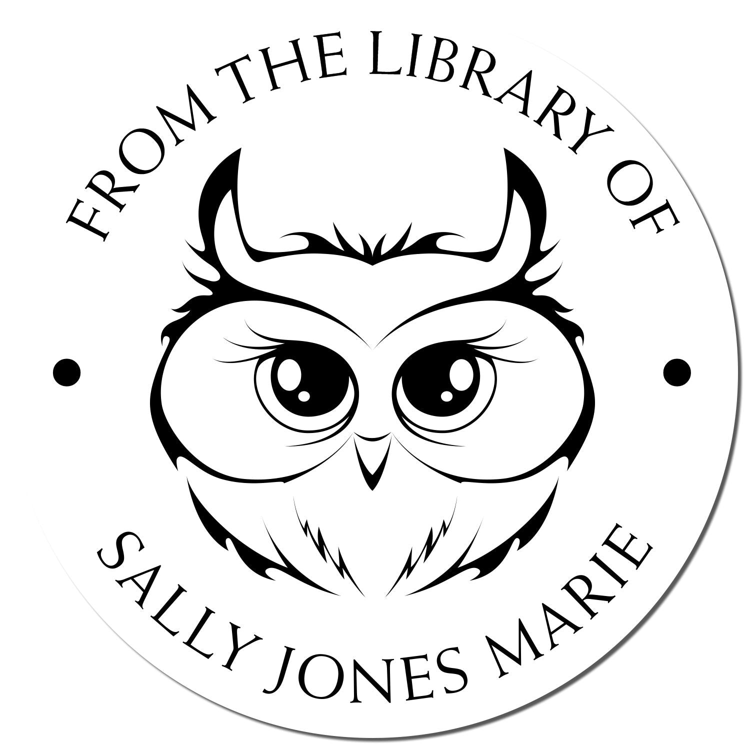 Circular black-and-white library stamp seal with owl face and curved text reading From the Library of Sally Jones Marie.