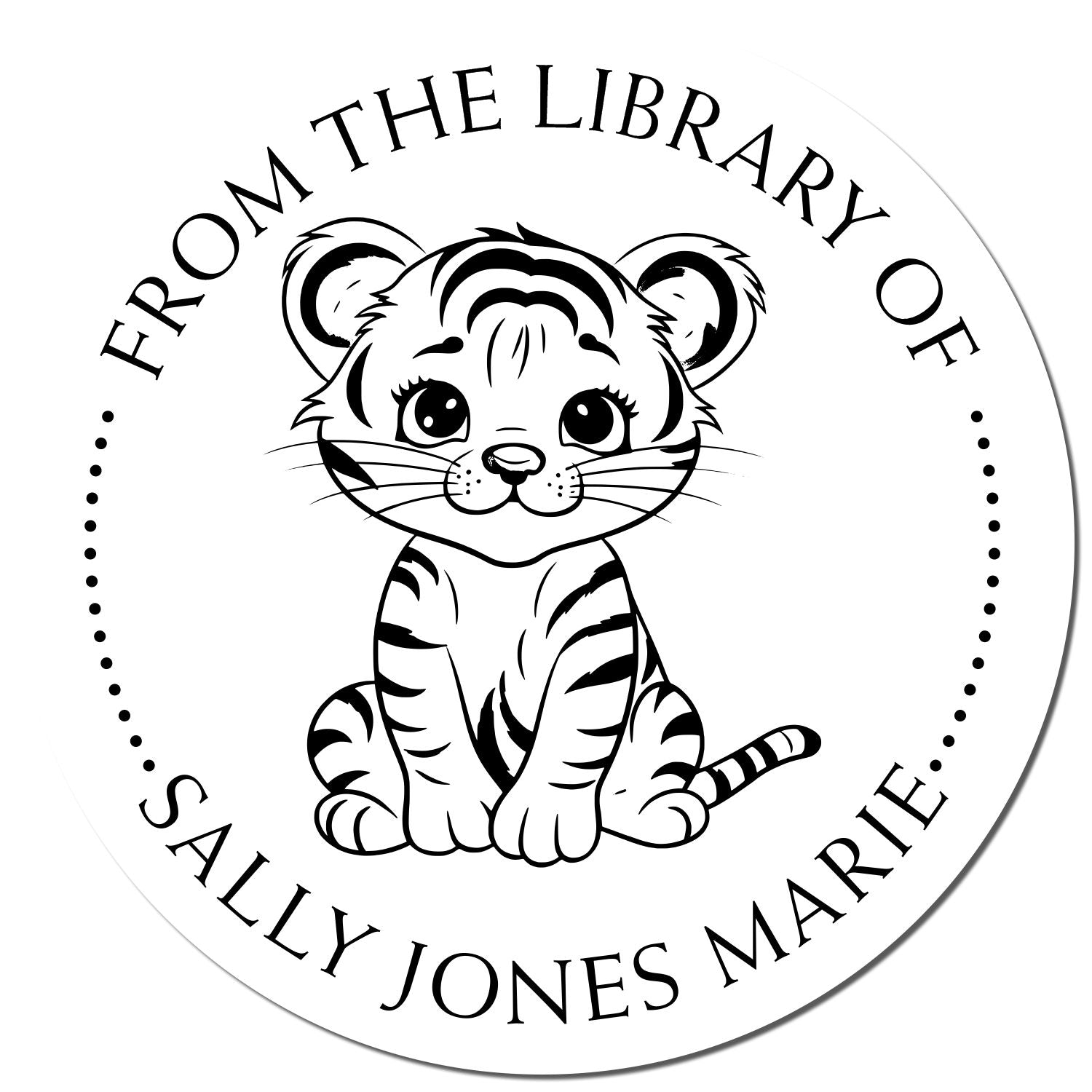Black-and-white round library stamp seal with a cute tiger cub and curved text reading From the Library of Sally Jones Marie