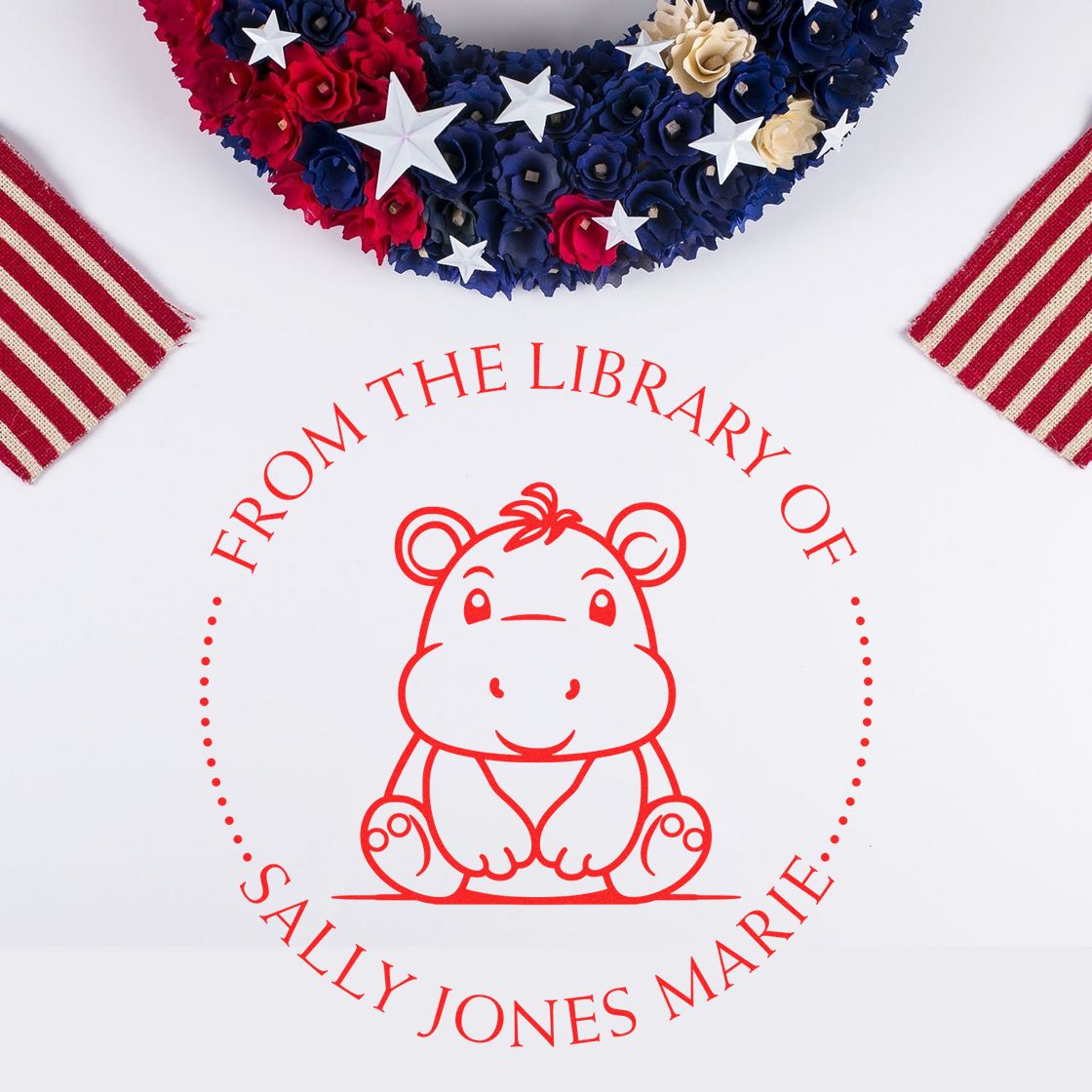 Wood Handle Happy Lil Hippo Custom Bookplate Stamper - Engineer Seal Stamps