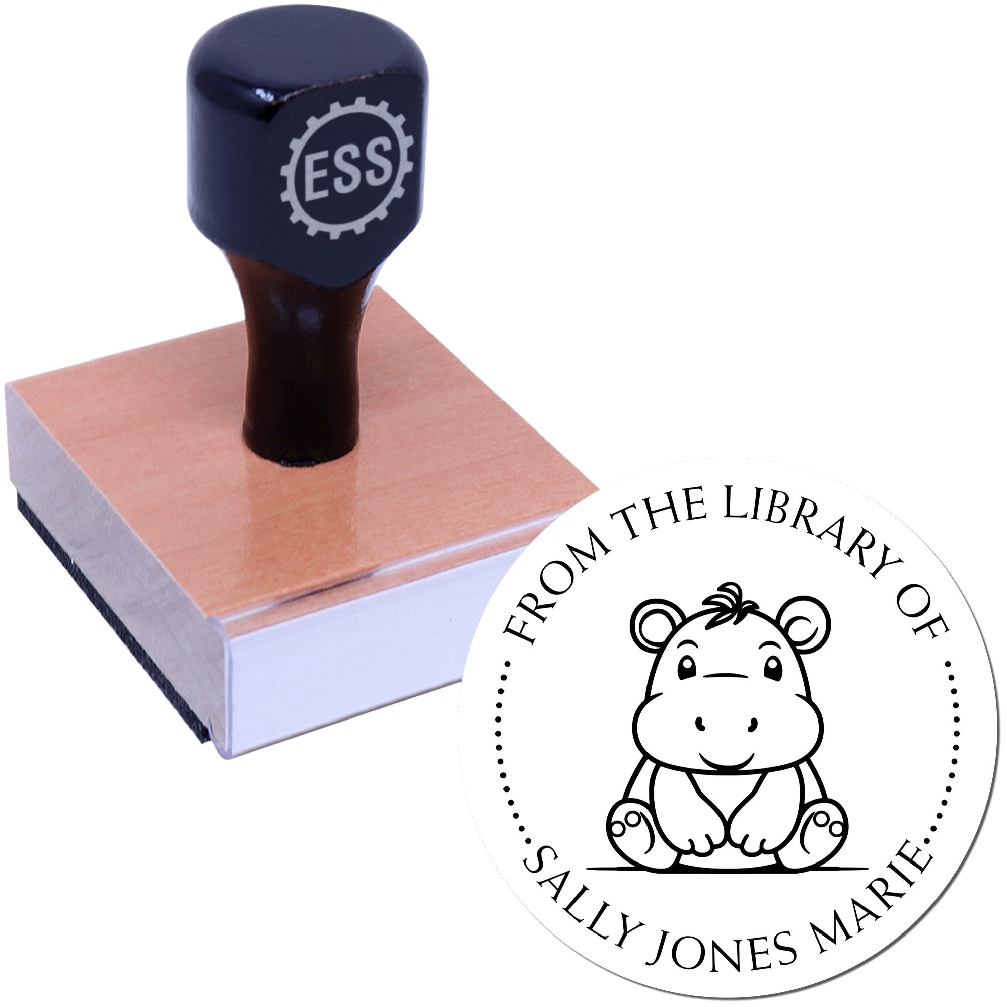 Wood Handle Happy Lil Hippo Custom Bookplate Stamper - Engineer Seal Stamps