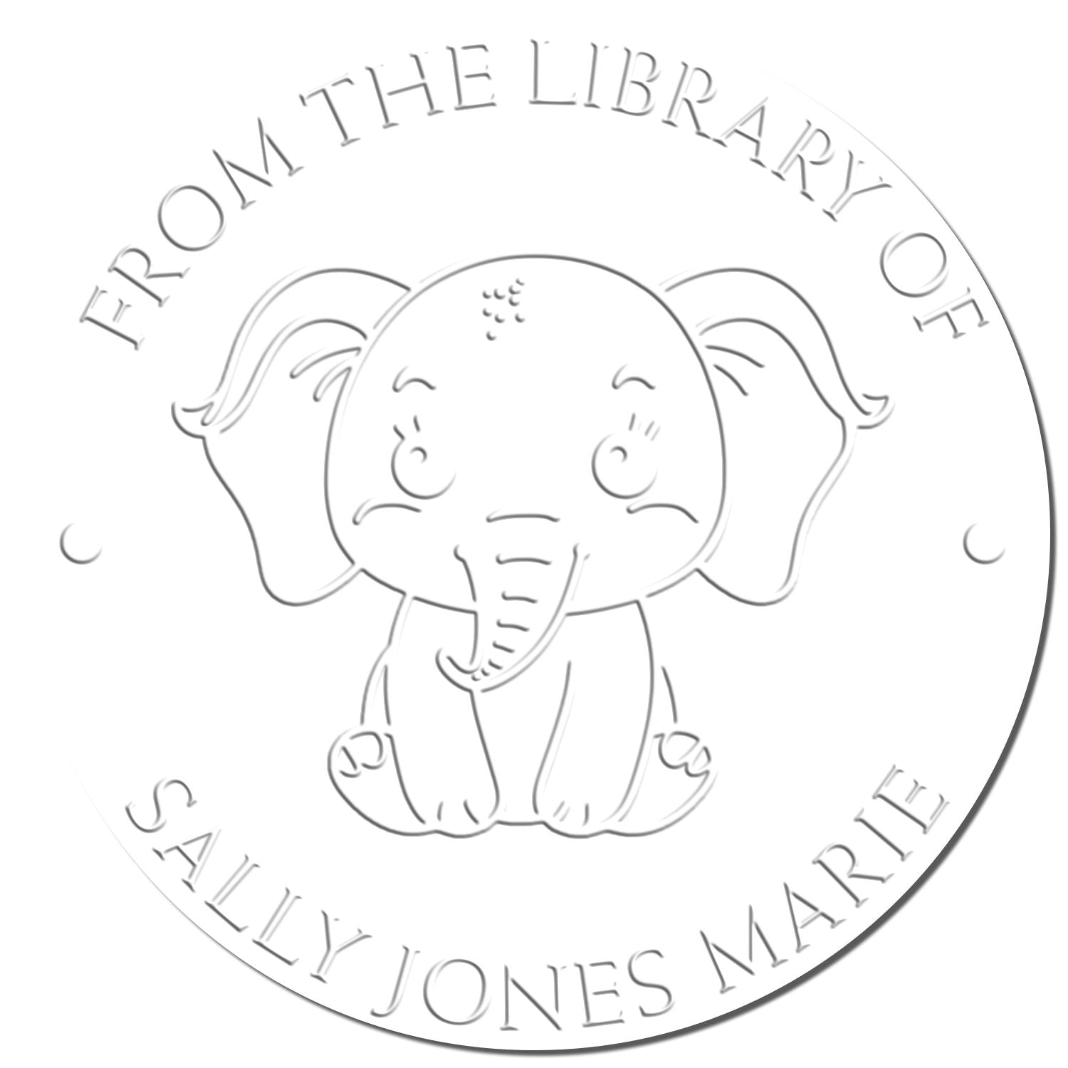 Round silver library stamp seal with a cute elephant and embossed text, From the Library of Sally Jones Marie.
