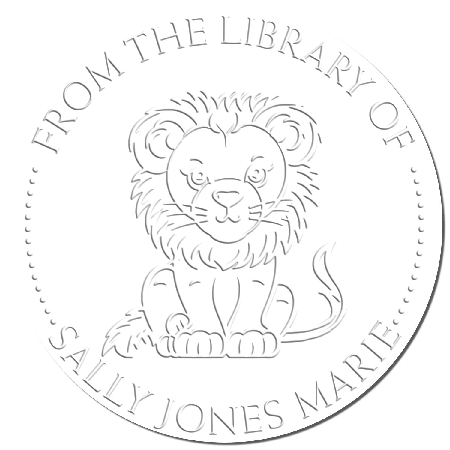 Embossed white library seal with a lion cub in the center and curved text reading From the Library of Sally Jones Marie.