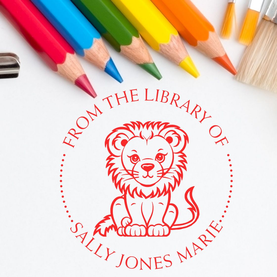 Wood Handle Ferocious Lion Custom Library Name Stamp - Engineer Seal Stamps