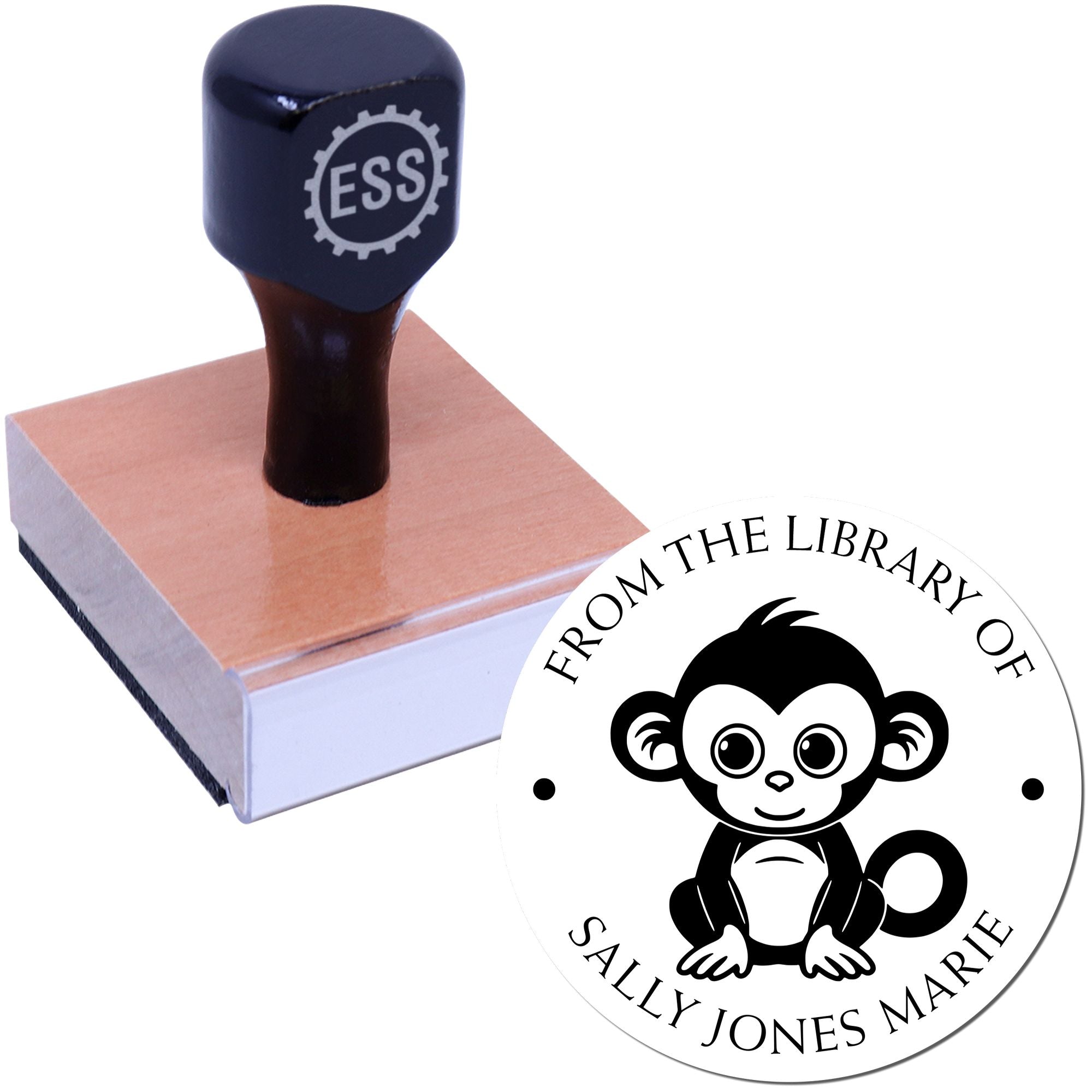 Wood Handle Playful Monkey Custom Library Name Stamper - Engineer Seal Stamps