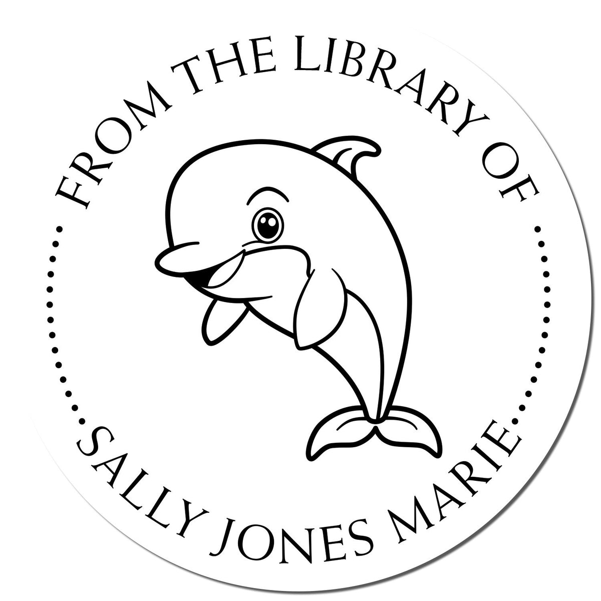 Black-and-white circular library stamp with smiling dolphin and dotted border, reading From the Library of Sally Jones Marie.