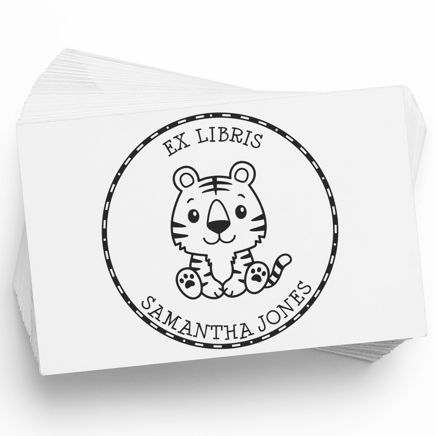 Custom black-and-white round ex libris stamp with a cute tiger seal and Samantha Jones text on a white card.