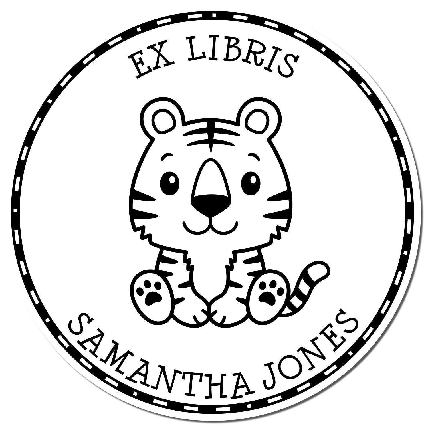Round black-and-white ex libris stamp seal with cute tiger illustration and Samantha Jones text around the border.