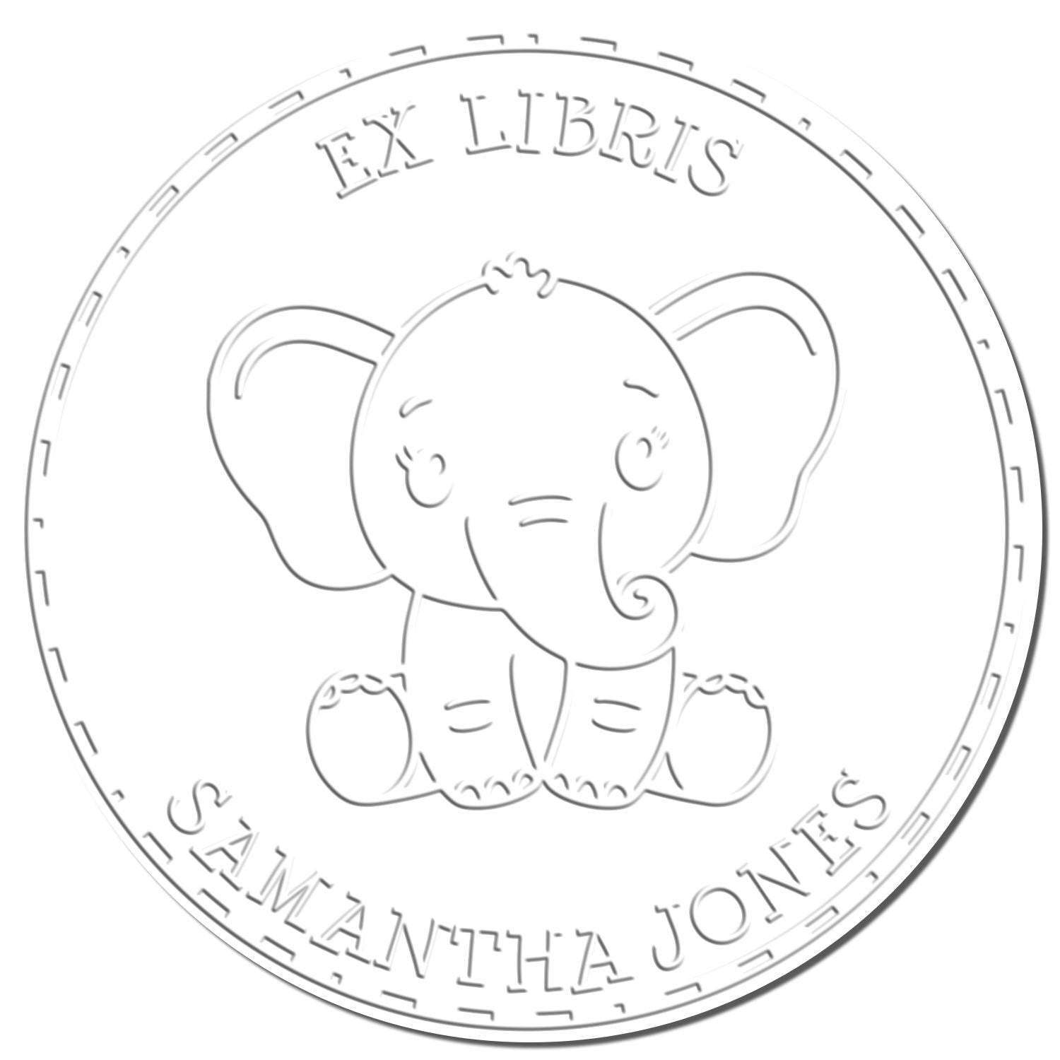 Circular stamp seal with a gray elephant and EX LIBRIS CAMANTTIA JOVES text, embossed on white.