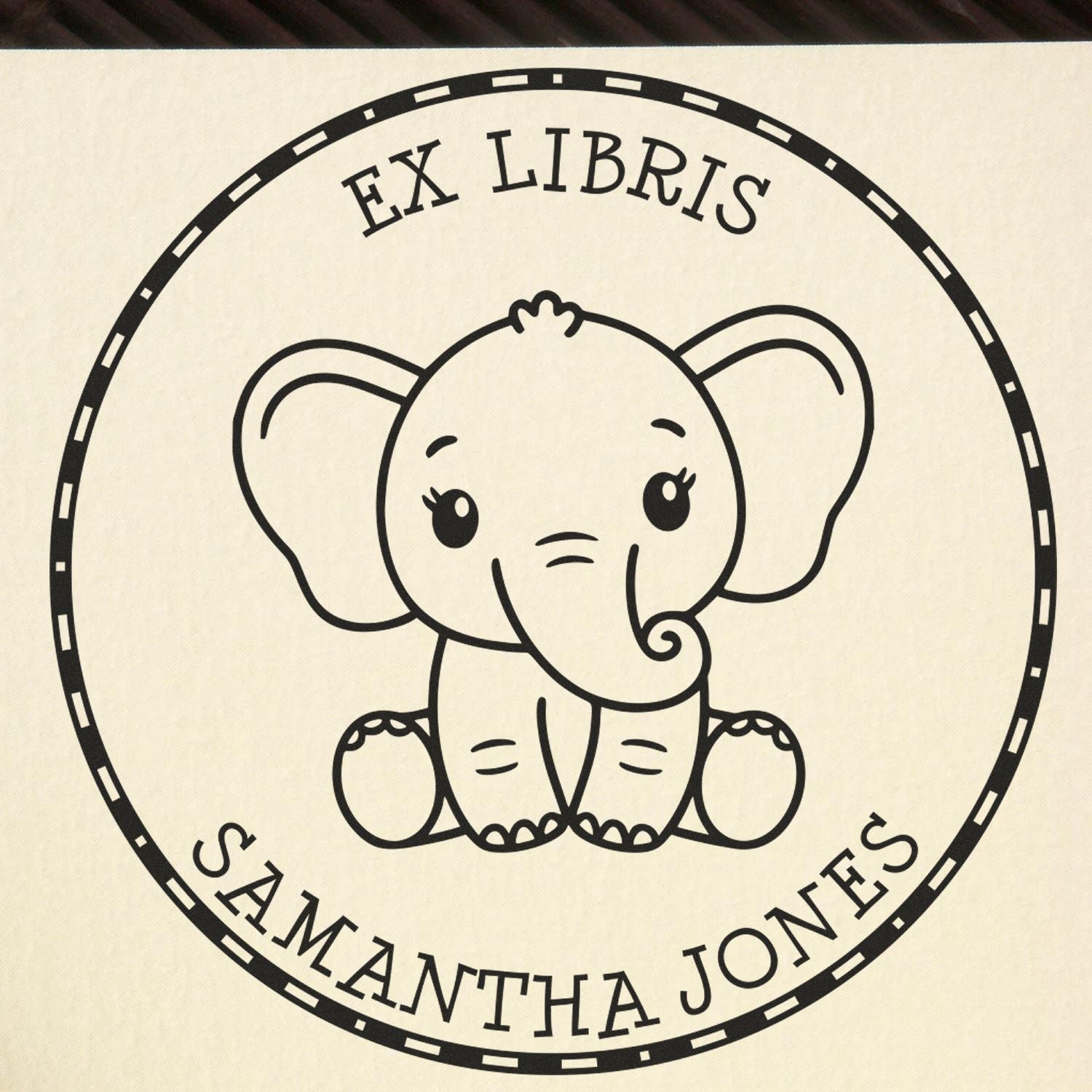 Black-and-white circular ex libris stamp seal with a cute baby elephant and Samantha Jones text.