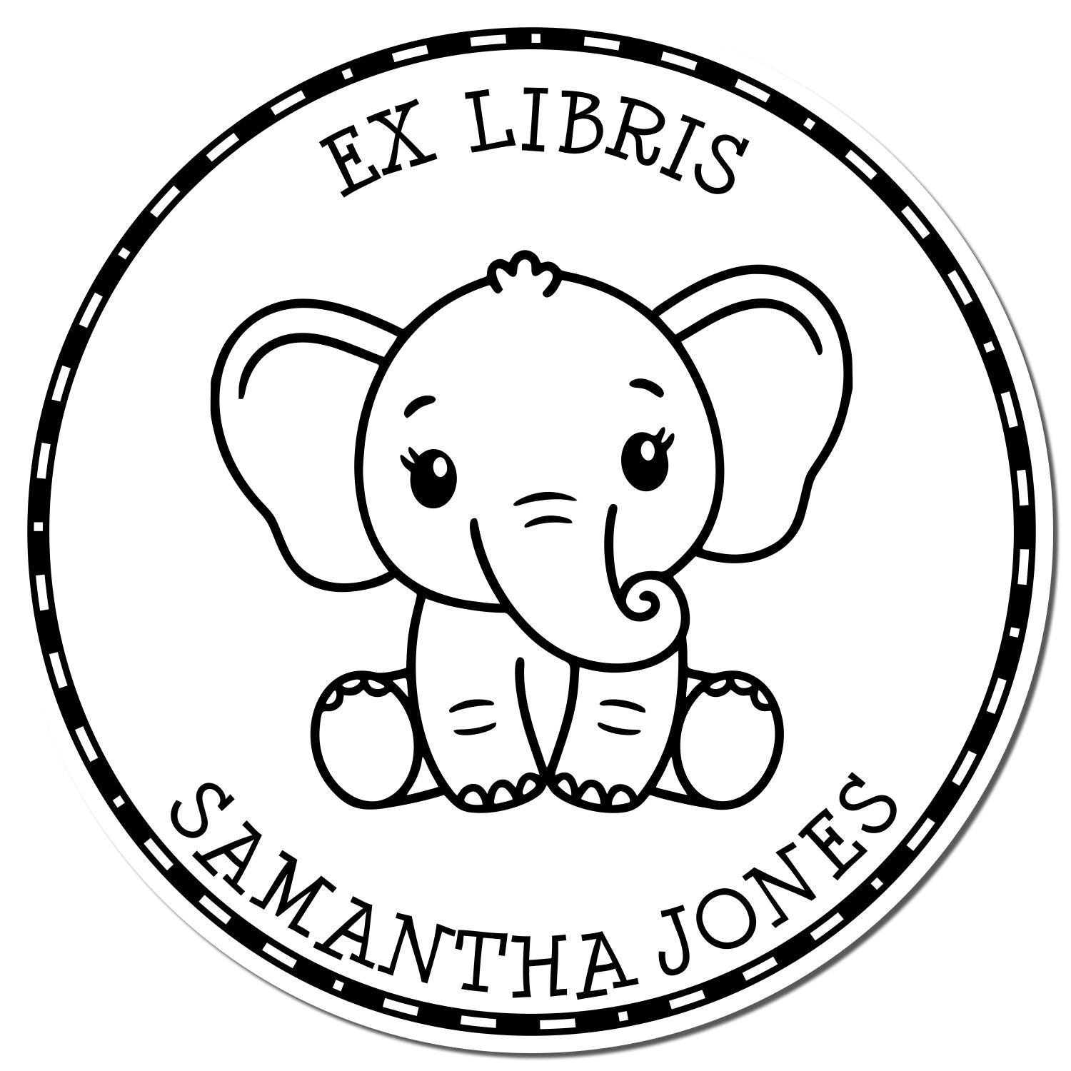 Black-and-white ex libris bookplate stamp seal with a cute elephant and circular border for Samantha Jones.
