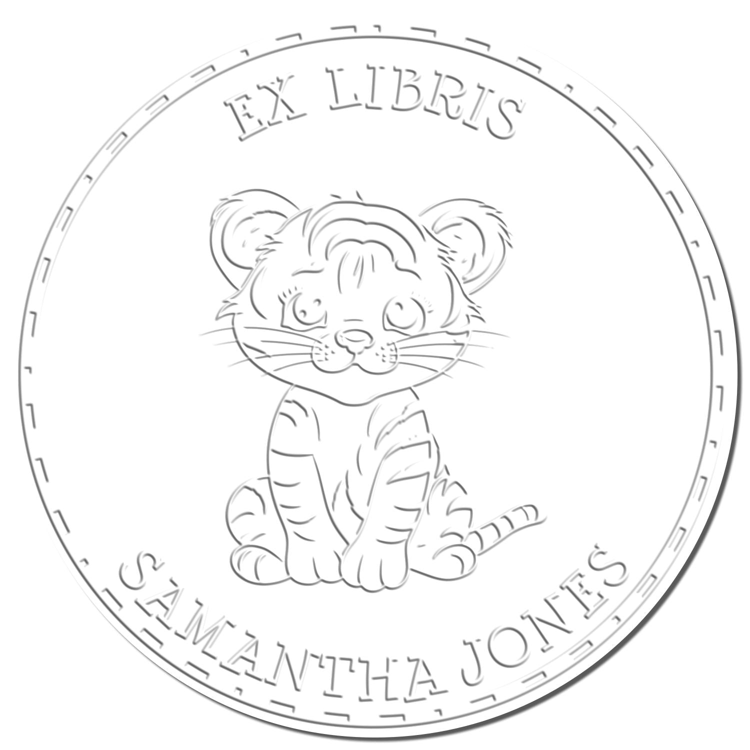 Round gray ex libris stamp seal with cartoon tiger cub, Samantha Jones text, and decorative border