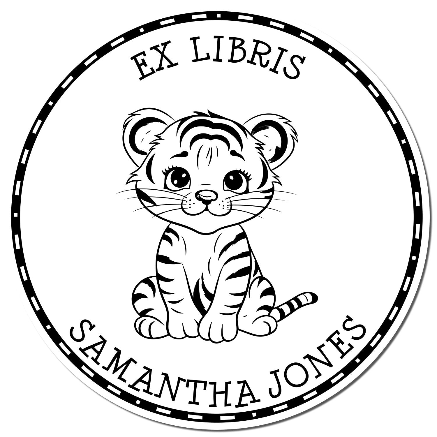 Black-and-white circular ex libris stamp seal with a cute tiger cub and dotted border, reading EX LIBRIS SAMANTHA JONES.