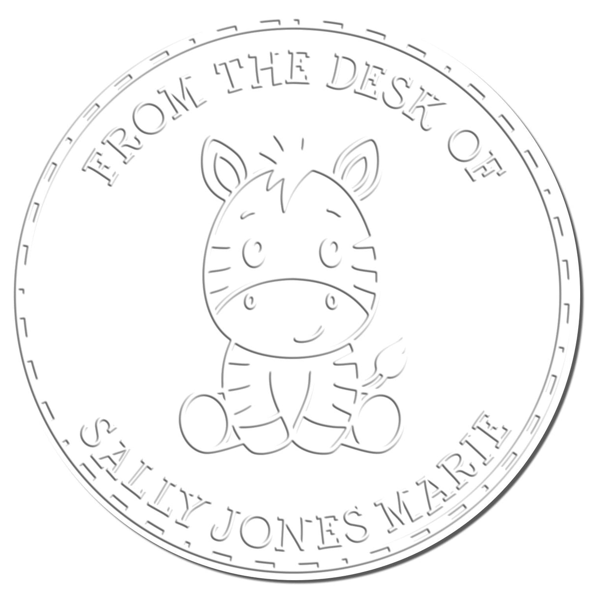 Shiny animal stamp featuring a cute baby zebra design with "This Book Belongs To" embossing, ideal for customizable kids' book labels.