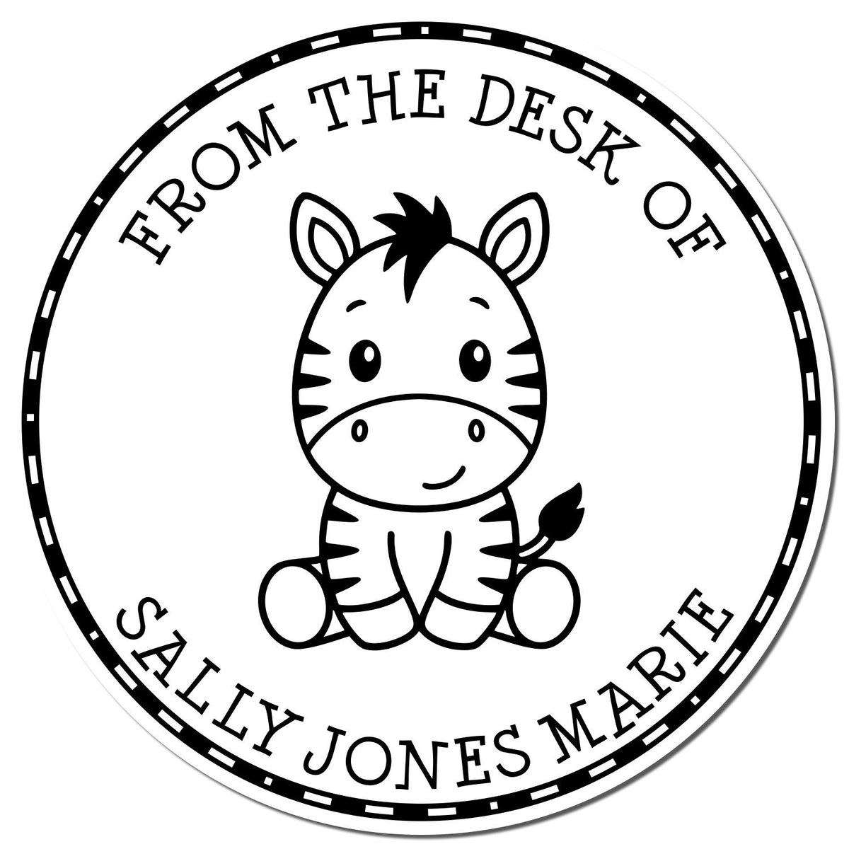 Black-and-white circular desk stamp seal featuring a cute zebra and the text From the Desk of Sally Jones Marie.