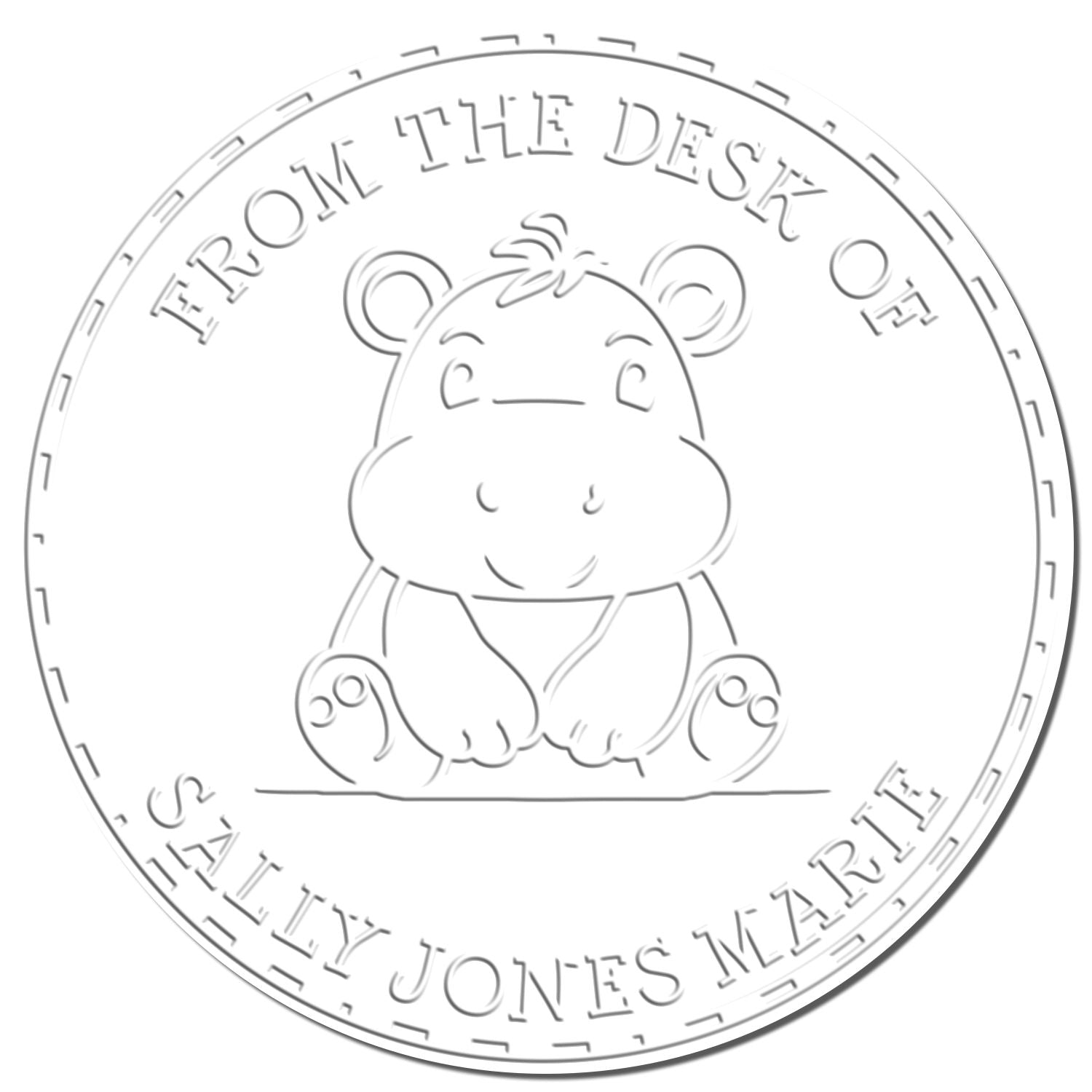 White circular stamp seal with a cute hippo and embossed text, From the Desk of Jelly Jones Marie.