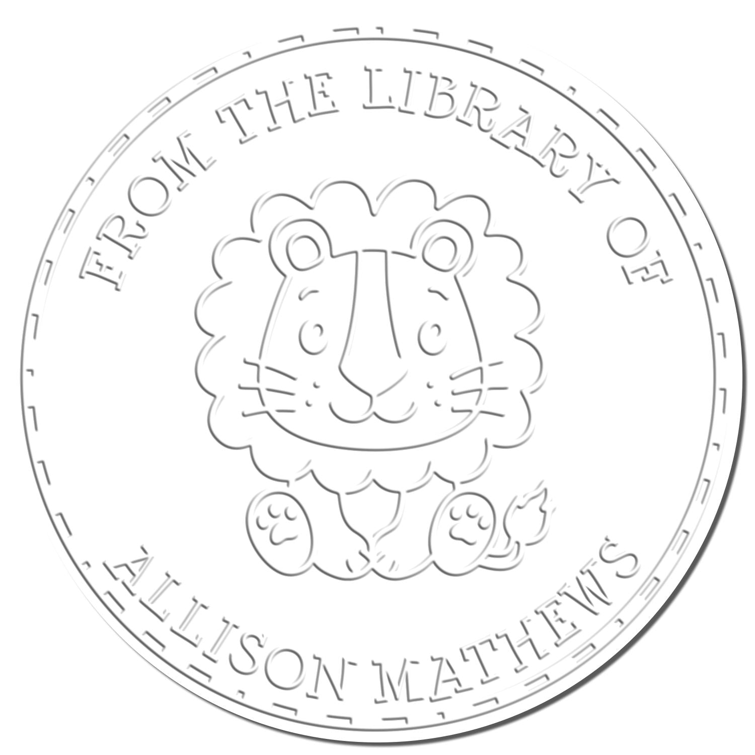 Round embossed library stamp seal with lion crest and gray lettering, reading From the Library of Ellison Mathews.