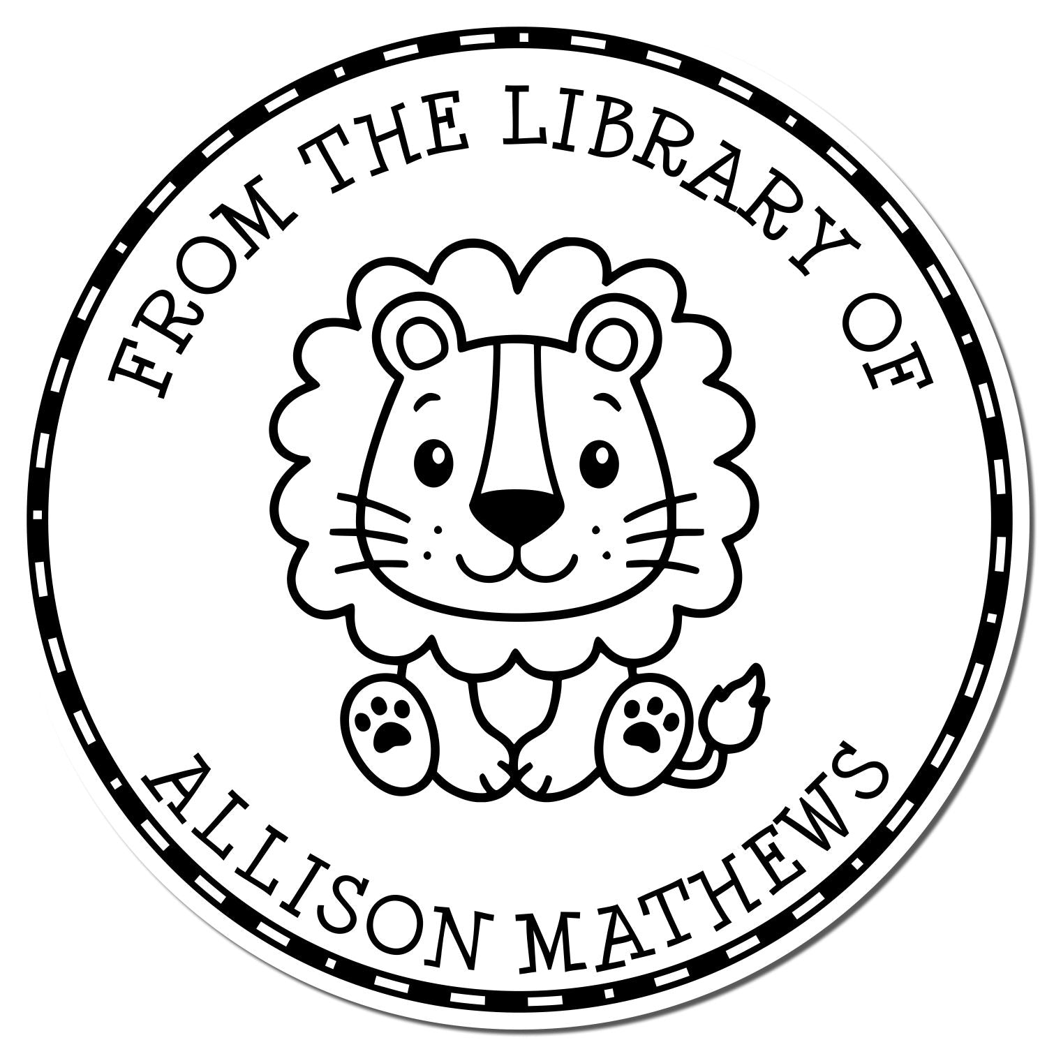 Round black-and-white library stamp seal with a cute lion and text From the Library of Allison Mathews.
