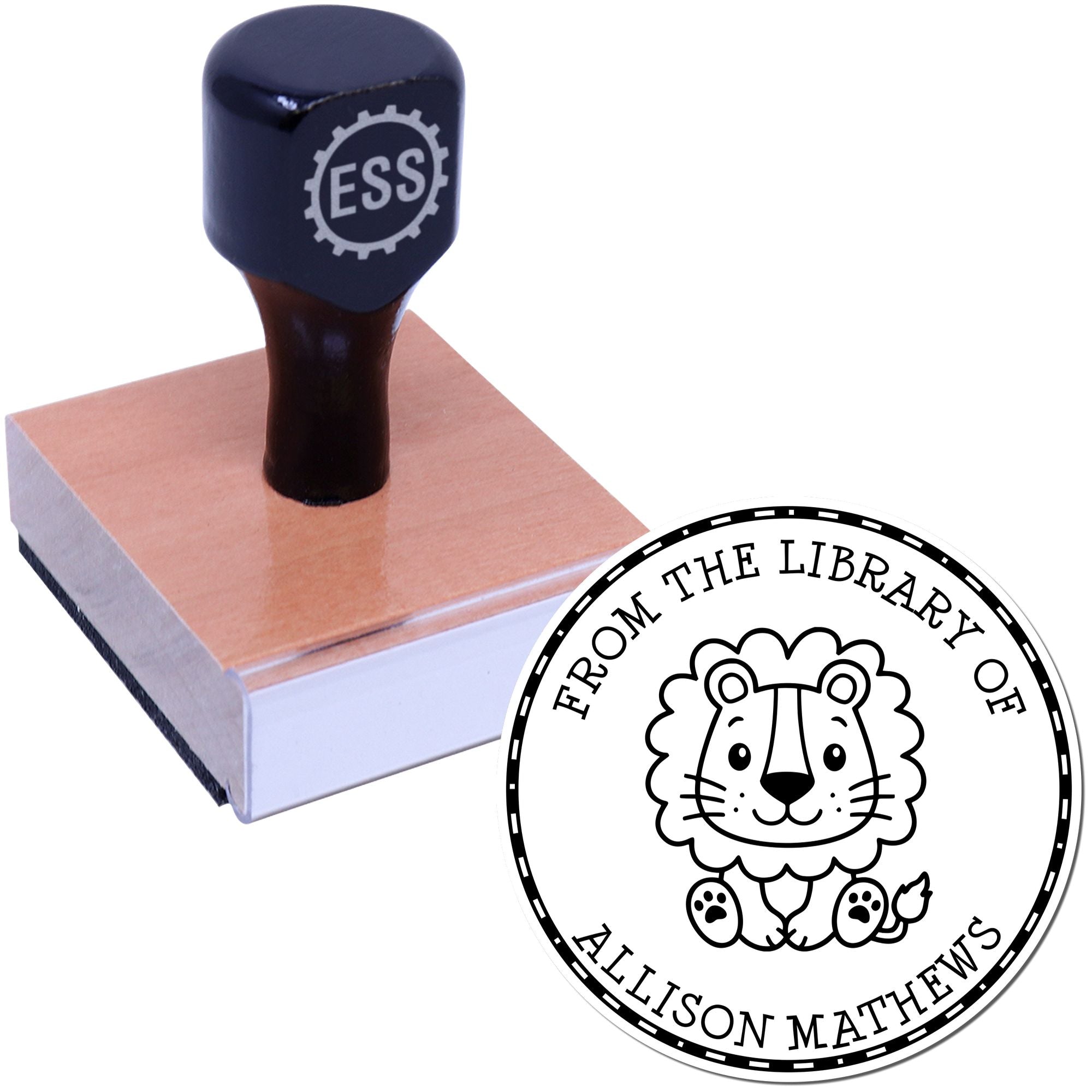 Black ESS rubber stamp on wooden base with circular lion seal design and Allison Mathews text on white background.