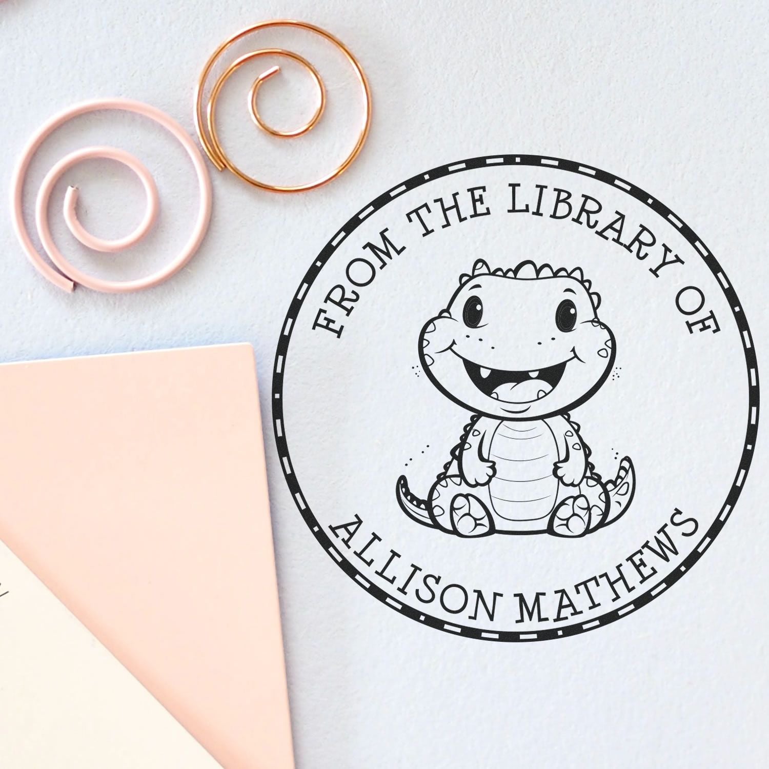 Wood Handle Happy Dino Custom Made Book Ownership Stamp - Engineer Seal Stamps