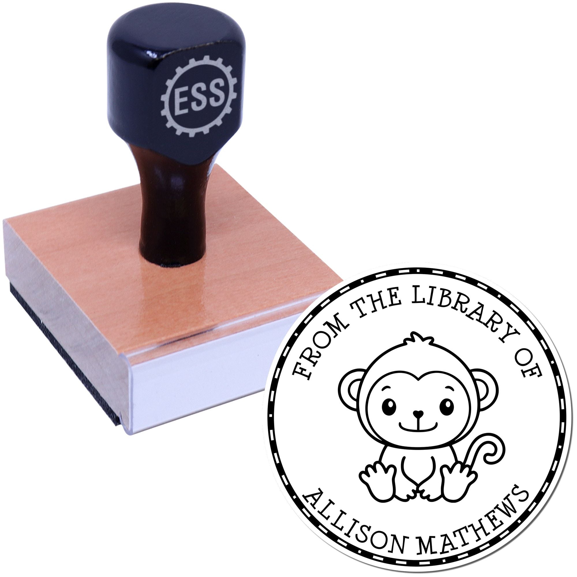Wood Handle Mini Monkey Custom Made Book Ownership Label Stamp - Engineer Seal Stamps