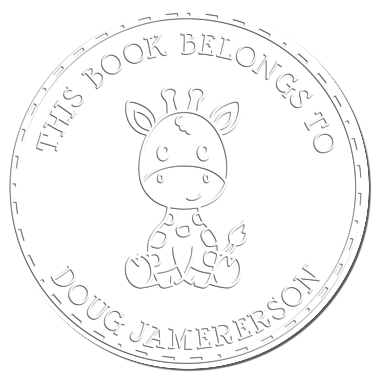 Circular white embossing stamp seal with baby giraffe and embossed text, This Book Belongs to Doug Jamerson.