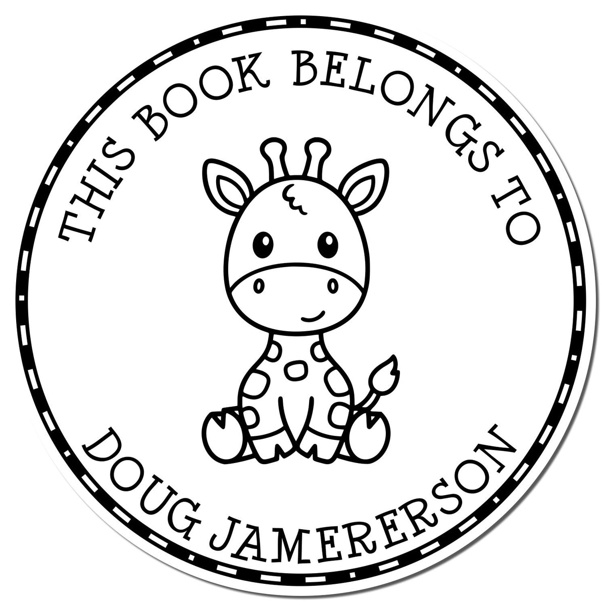 Black-and-white circular book stamp seal with a cute giraffe, dotted border, and curved text: This Book Belongs to Doug Jamerson.