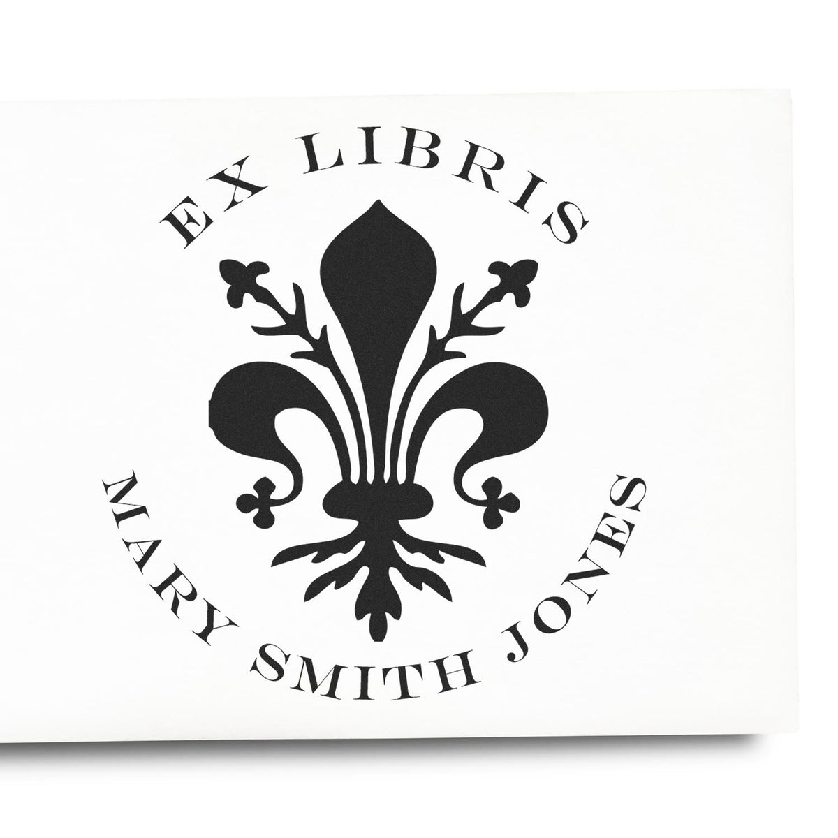 Black Ex Libris stamp seal with fleur-de-lis emblem and curved text reading Mary Smith Jones on white background.