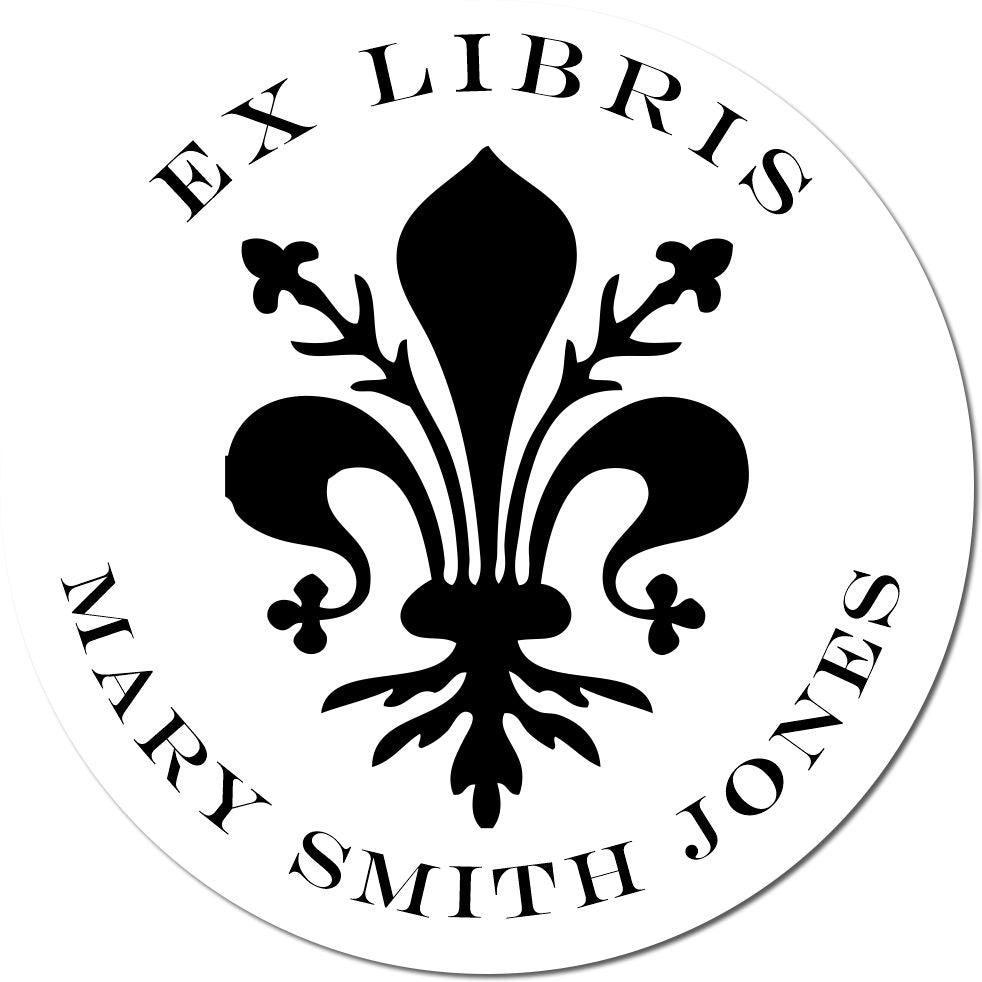 Round black custom stamp seal with fleur-de-lis and Mary Smith Jones text on a white background.