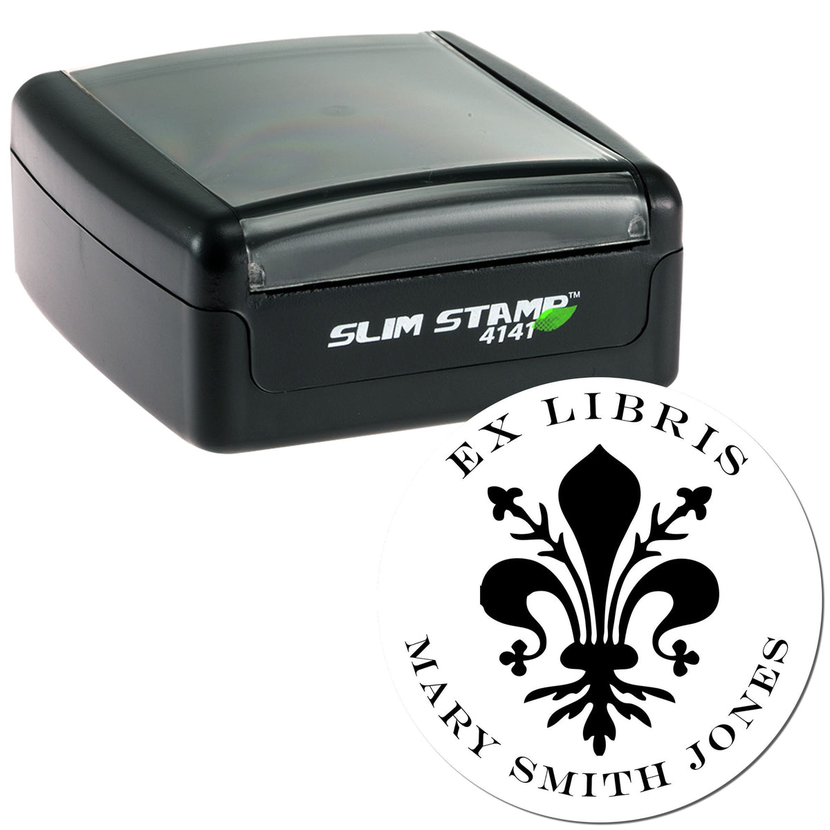 Black Slim Stamp 4141 self-inking stamp with gray top and a white circular Ex Libris seal featuring a black fleur-de-lis.