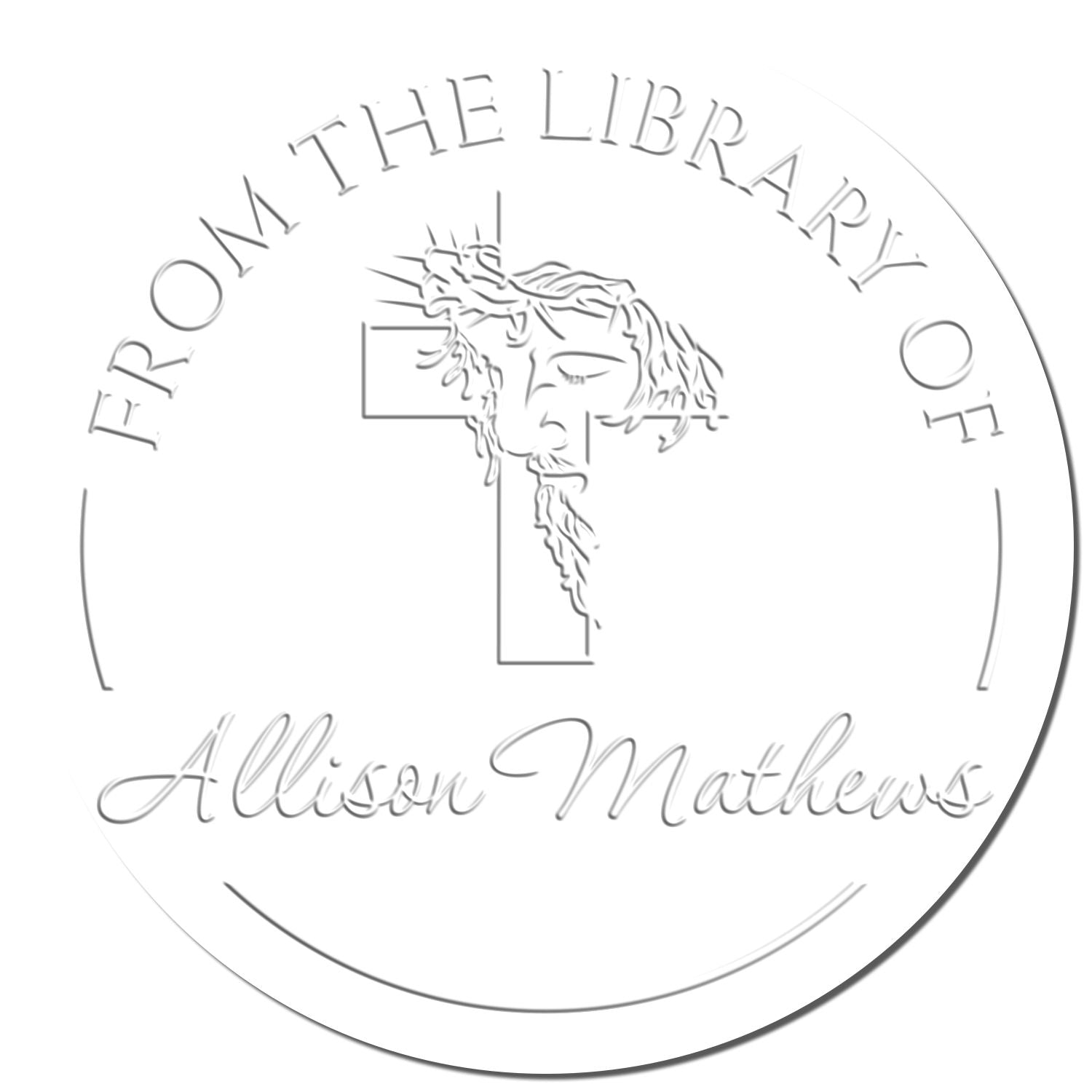 White circular embossed library stamp seal with gray text From the Library of Allison Mathews and a face in a cross.