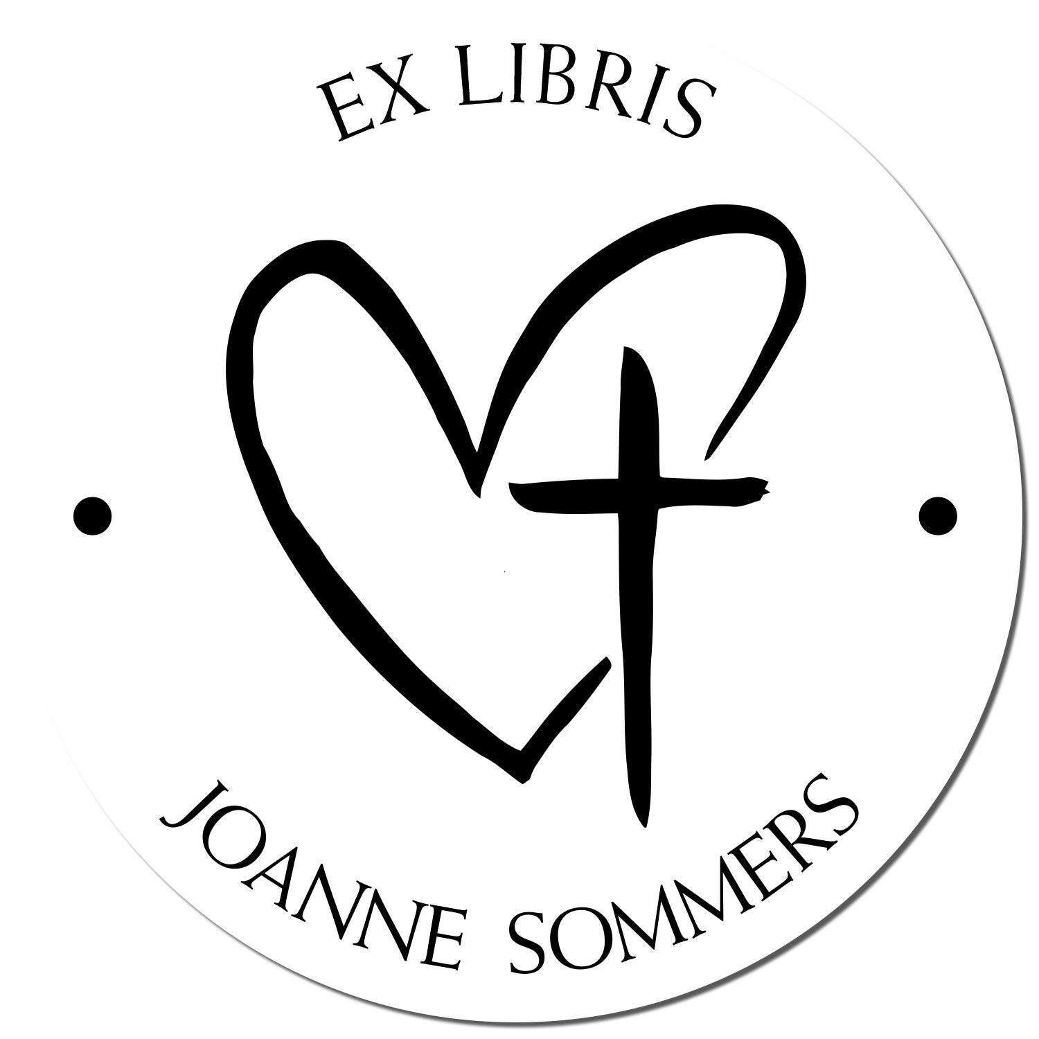 Round white ex libris stamp seal with black heart and cross, reading EX LIBRIS and JOANNE SOMMERS.