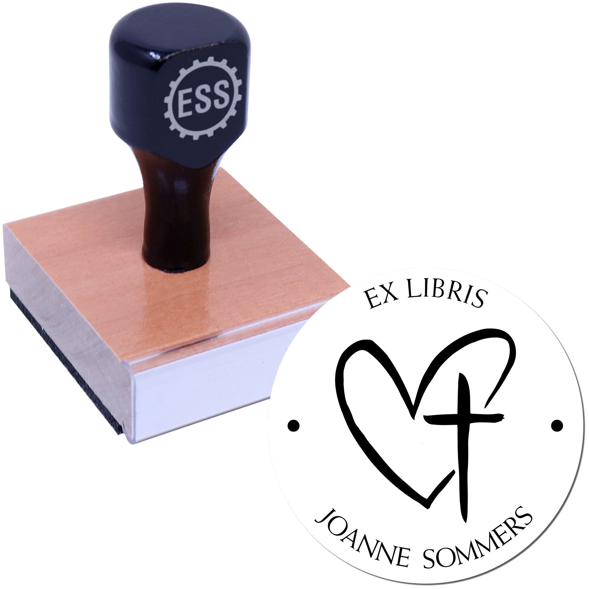 Dark navy custom stamp and ex libris seal on wooden base with heart monogram and black lettering.