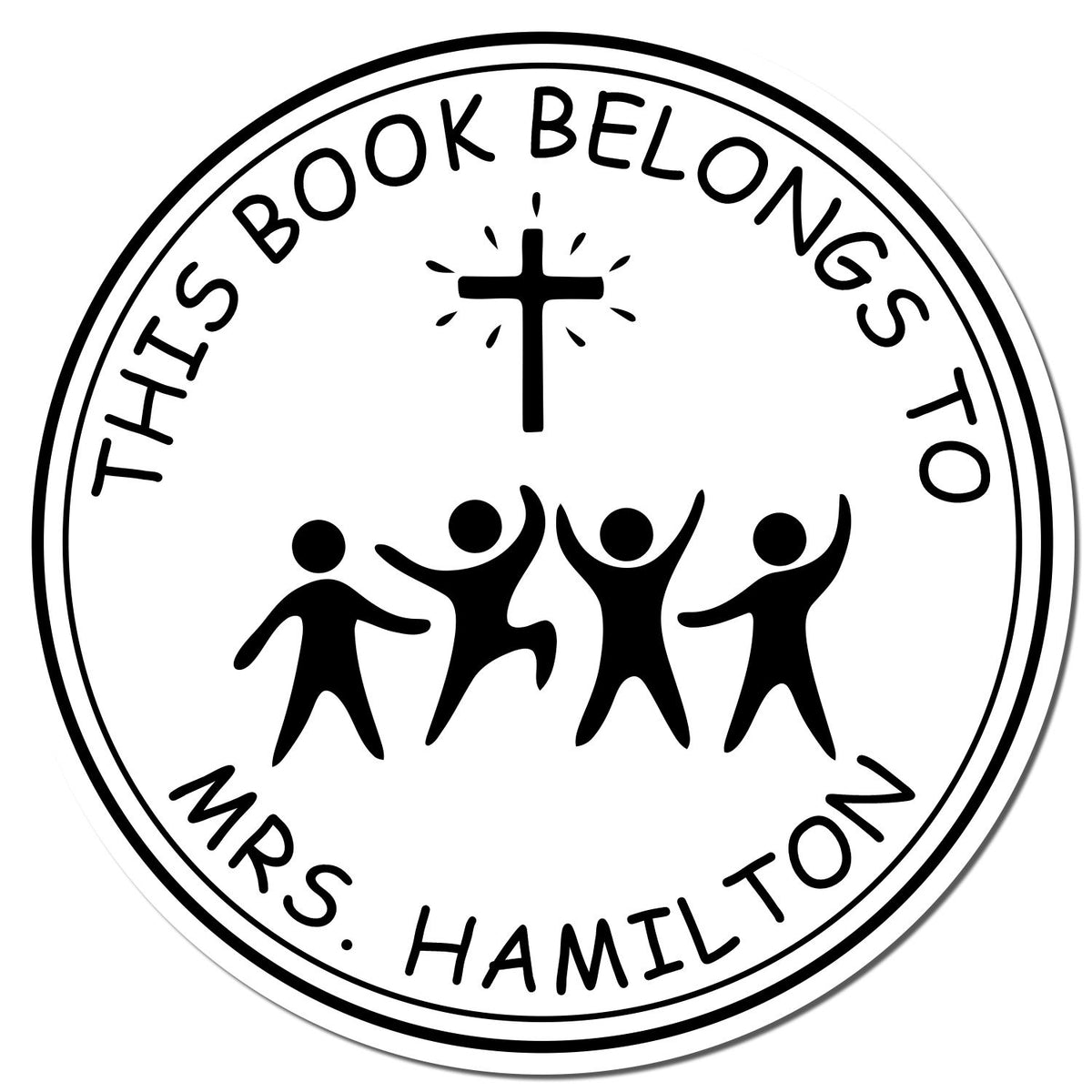 Black-and-white circular book ownership stamp seal with cross, four figures, and text: This Book Belongs to Mrs. Hamilton.