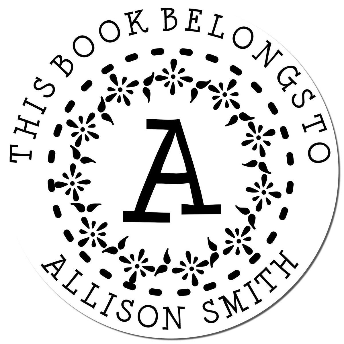 Black-and-white circular book stamp seal with large A, floral border, and This Book Belongs to Allison Smith text.