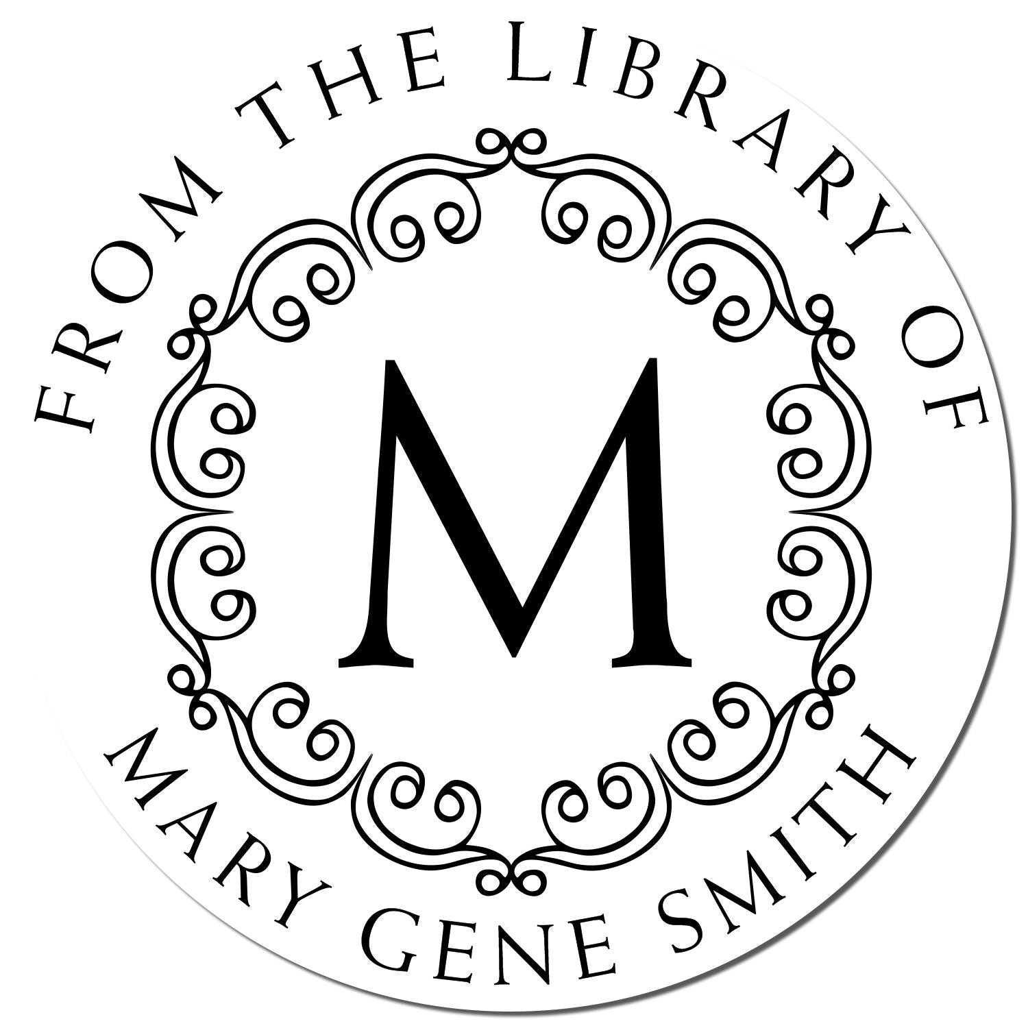 Black-and-white library stamp seal with ornate scroll border, large M, and text From the Library of Mary Gene Smith.