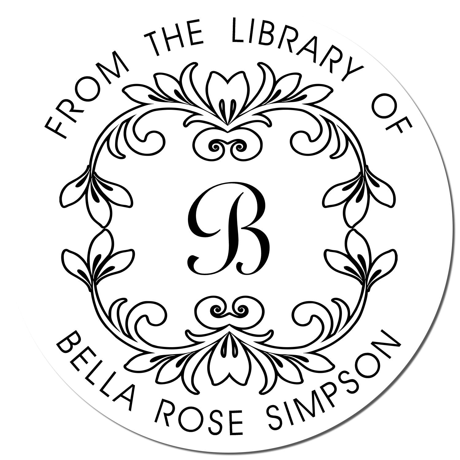 Circular black library stamp seal with ornate floral border, monogram B, and text From the Library of Bella Rose Simpson.