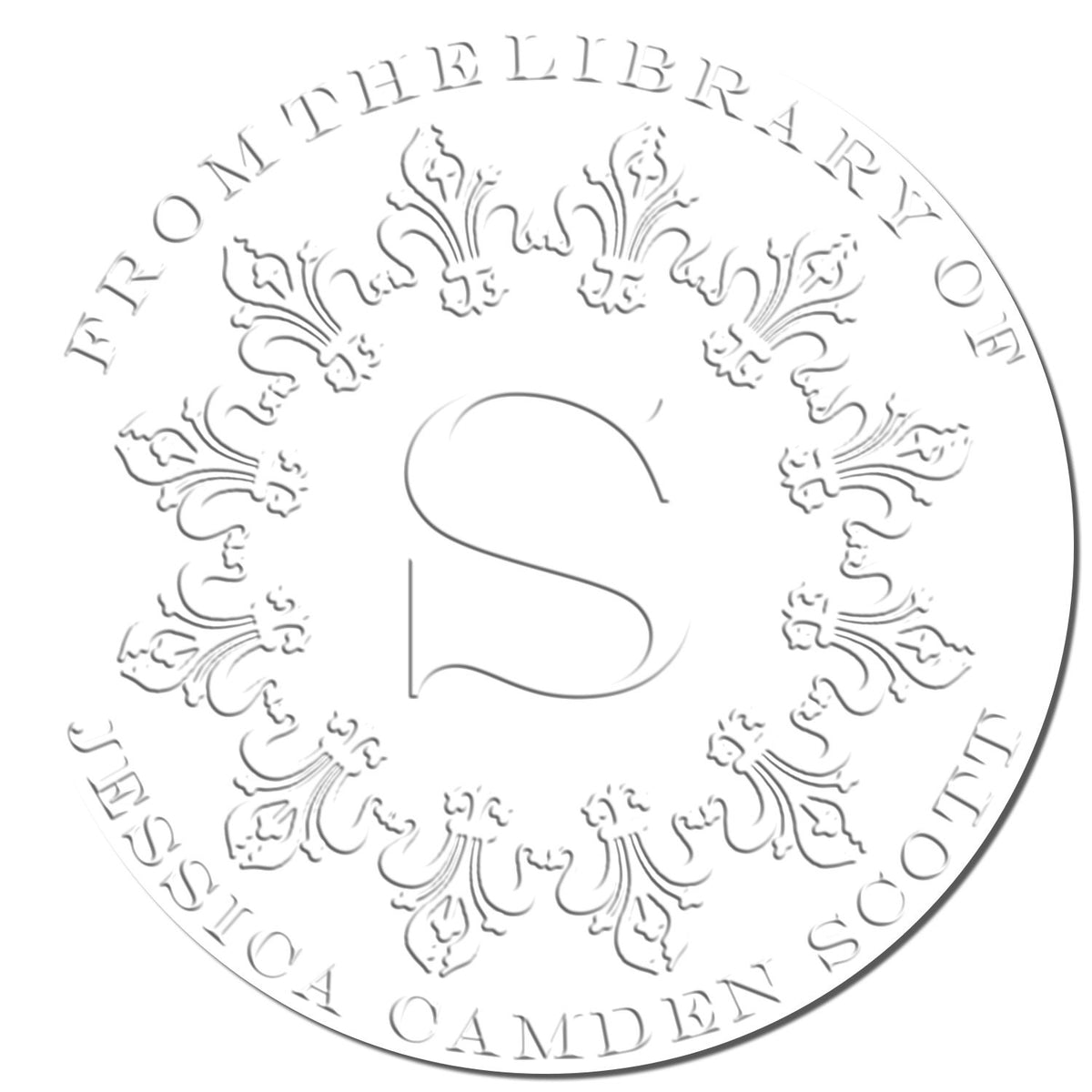 Shiny soft bold initials custom private library paper embosser with engraved imprint on paper, used for personalized library branding.