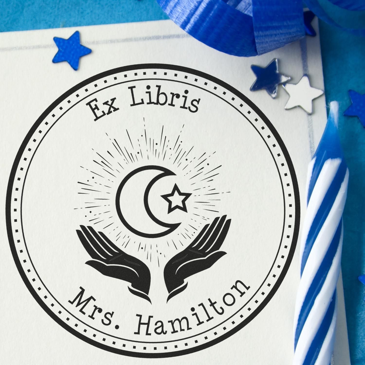 Wood Handle Praying Star and Crescent Custom Made Name And Address Stamp - Engineer Seal Stamps