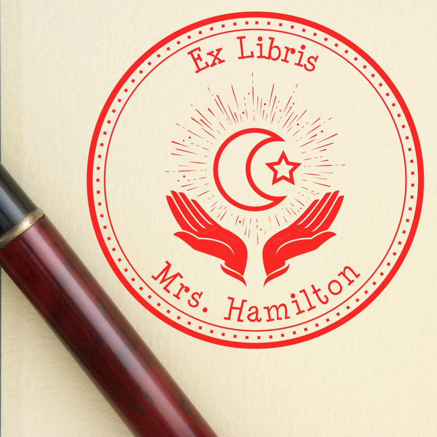 Wood Handle Praying Star and Crescent Custom Made Name And Address Stamp - Engineer Seal Stamps