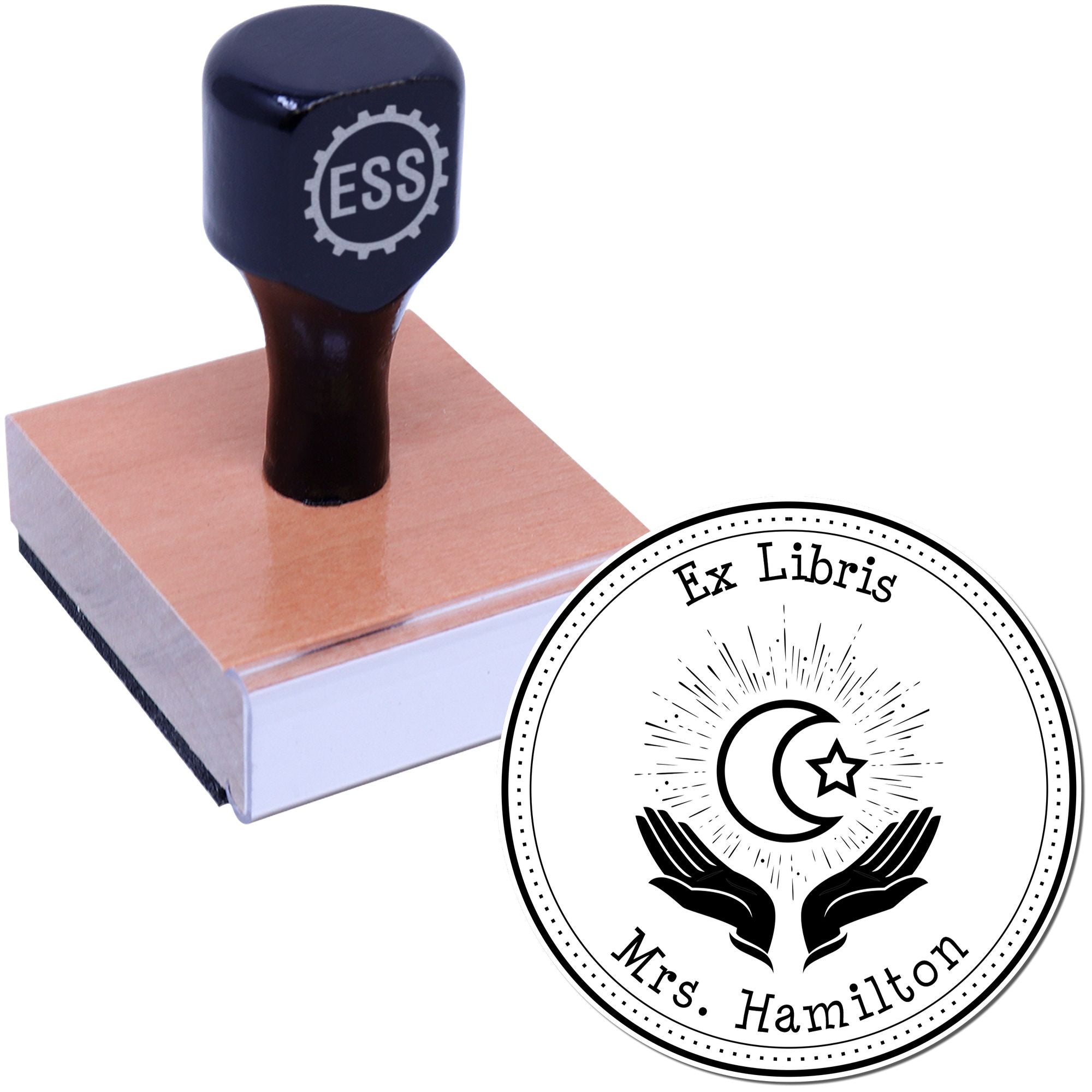 Wood Handle Praying Star and Crescent Custom Made Name And Address Stamp - Engineer Seal Stamps
