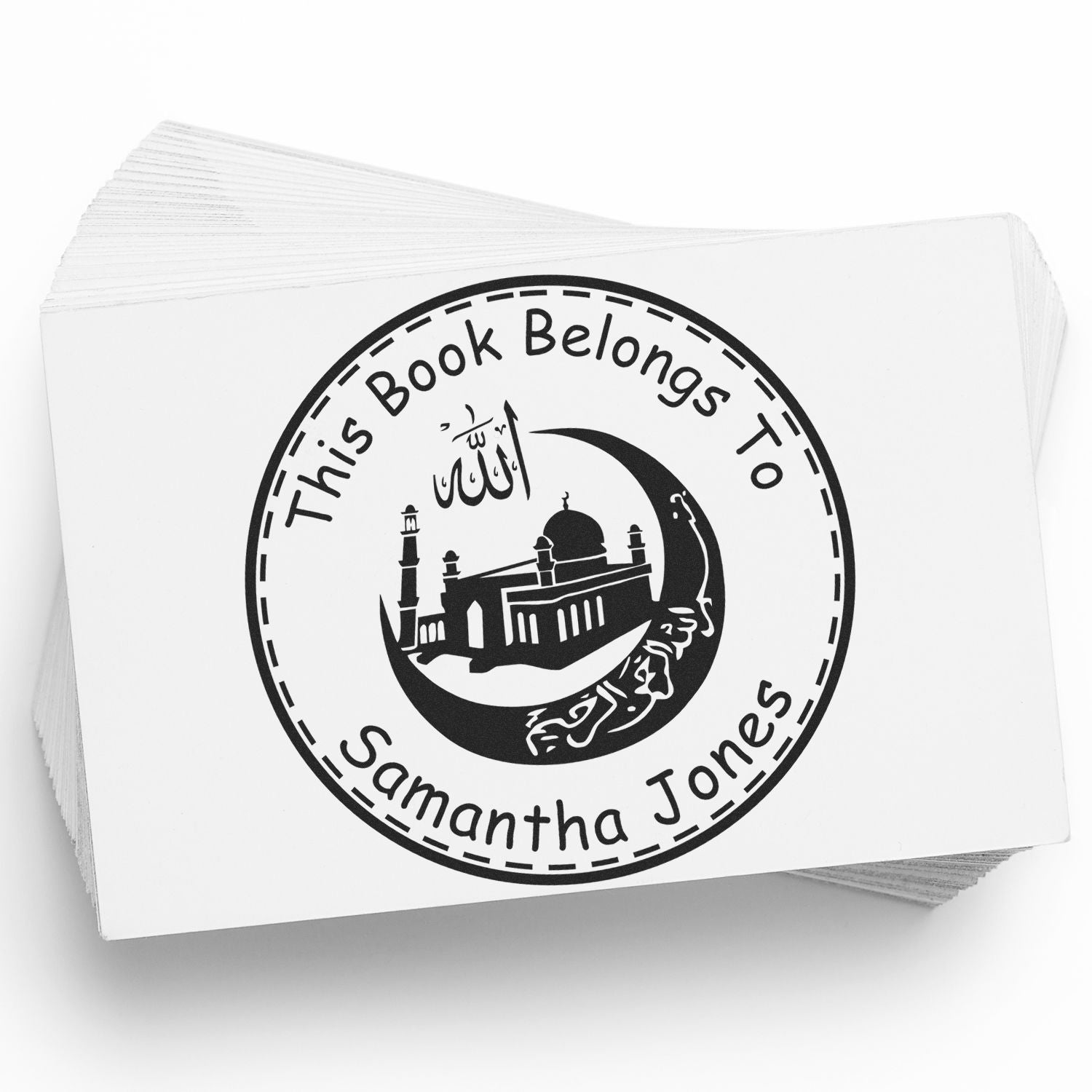 Black personalized book stamp seal on white cards, with mosque silhouette, Arabic calligraphy, and This Book Belongs to Samantha Jones.