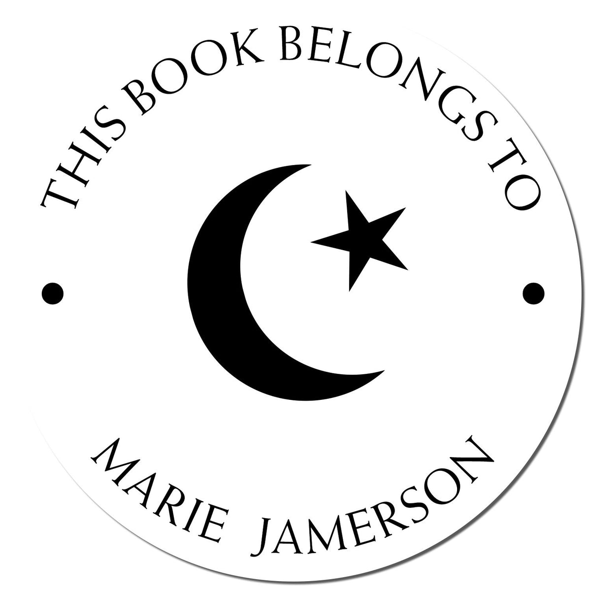 Circular black-and-white book stamp seal reading This Book Belongs to Marie Jamerson with crescent moon and star.