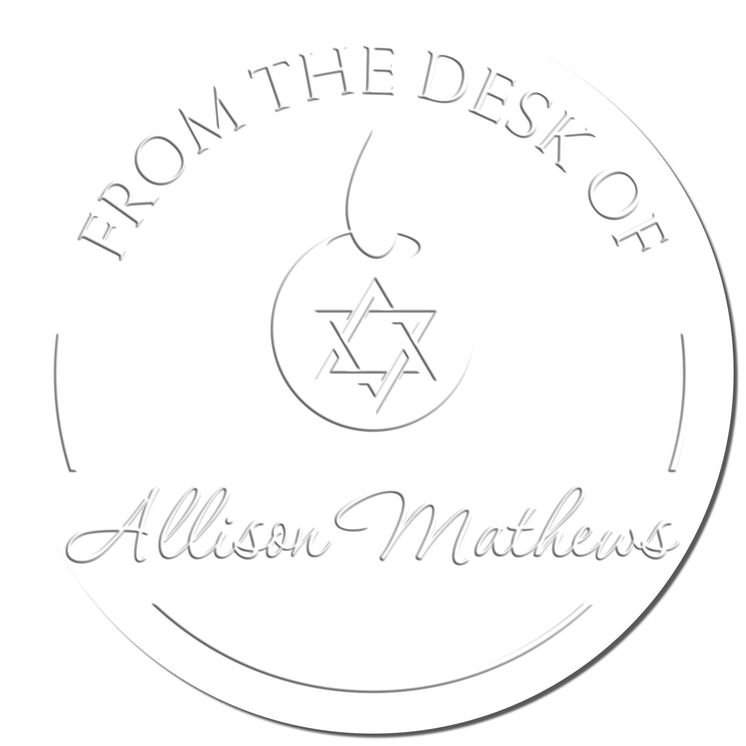 White circular stamp seal with gray embossed text From the Desk of Allison Mathews and a central star emblem.