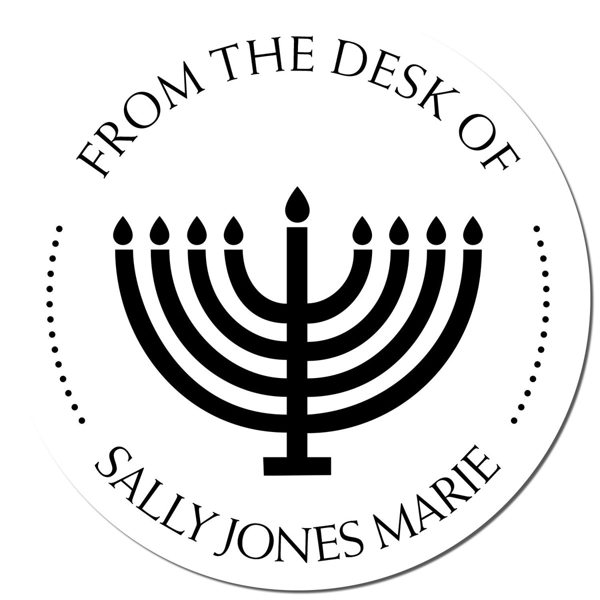 Black circular desk stamp seal with menorah symbol and curved text, From the Desk of Sally Jones Marie, on white.