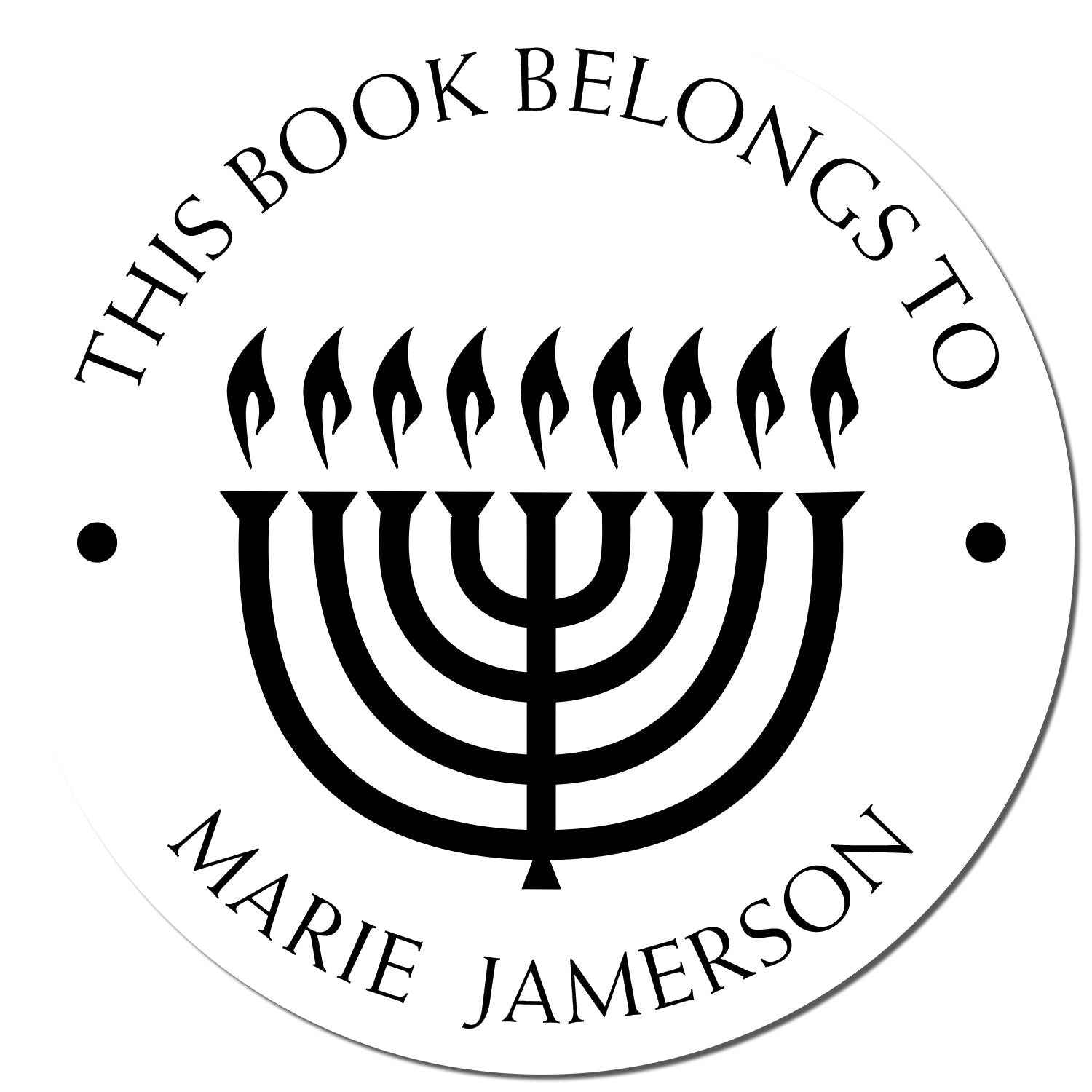 Black-and-white circular bookplate stamp seal reading This book belongs to Marie Jamerson with a menorah emblem.