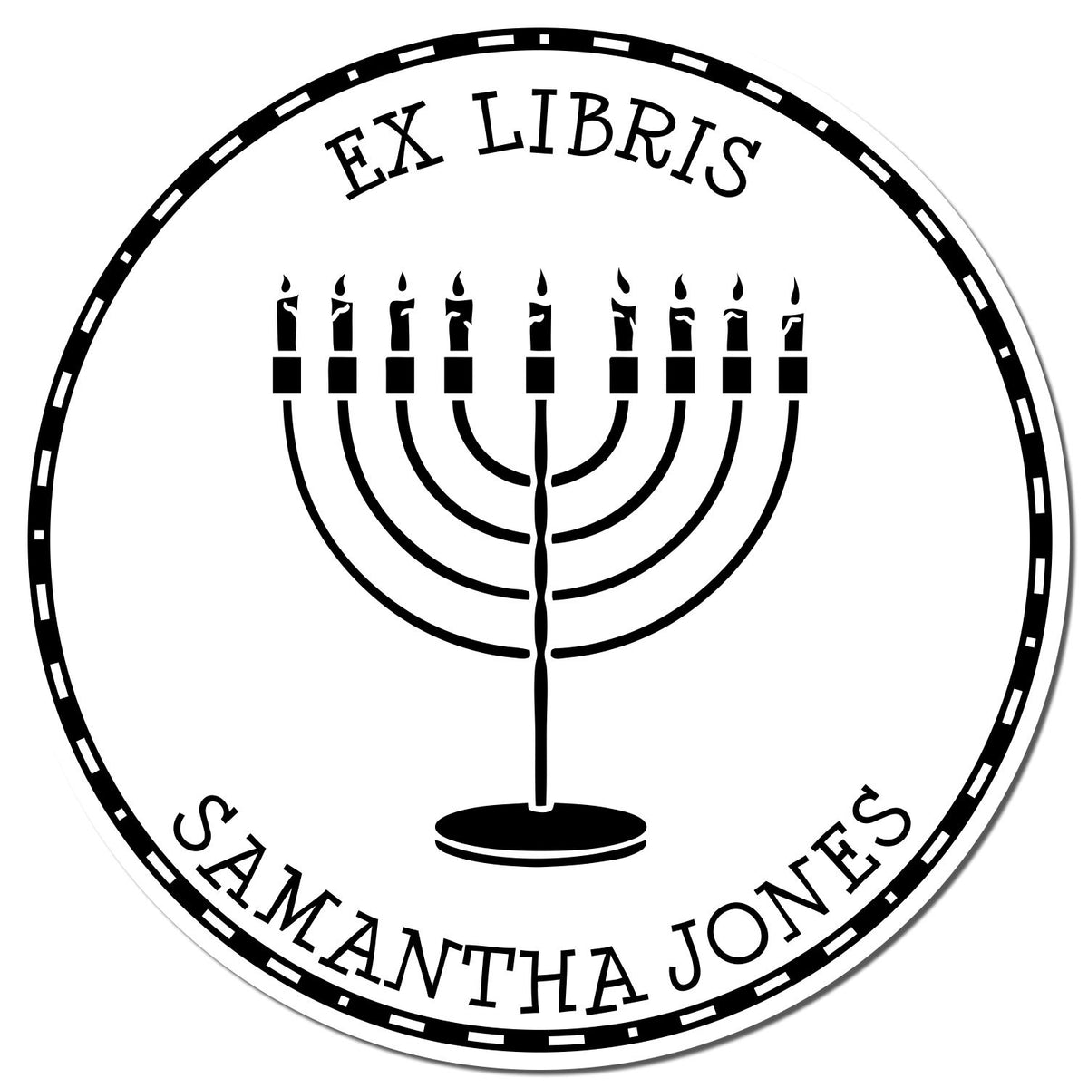 Black-and-white circular ex libris stamp seal with a menorah, dotted border, and the name Samantha Jones.