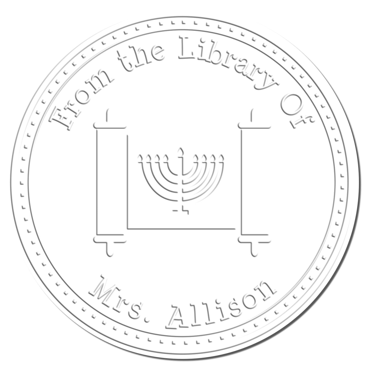 Silver circular library embossing seal stamp with From the Library of Mrs. Allison and a menorah emblem.