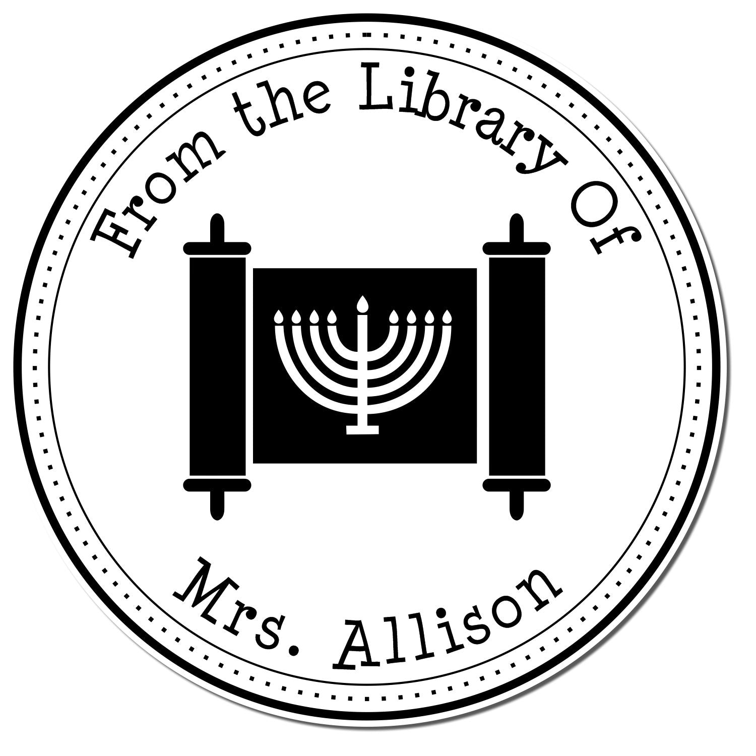 Black-and-white circular library stamp seal with scroll and menorah, reading From the Library Of Mrs. Allison.